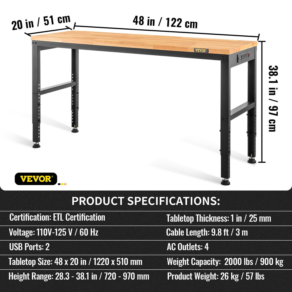 dokea Adjustable Height Workbench - 48 L, 2000 lbs Capacity