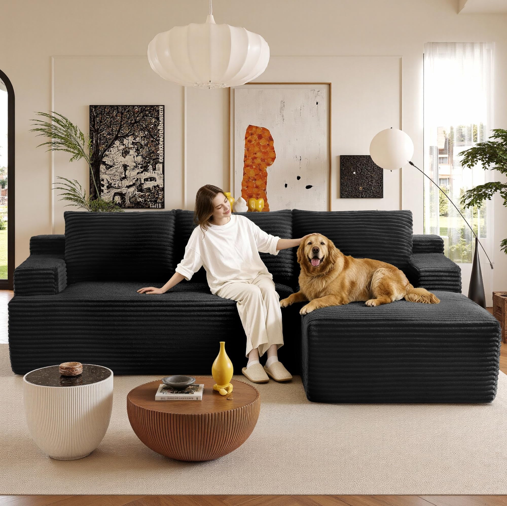 96 L-Shaped Sectional Couches for Living Room, Modular Cloud Couch with Chaise, Corduroy Deep Seat Boneless Sofa, No Assembly, Black