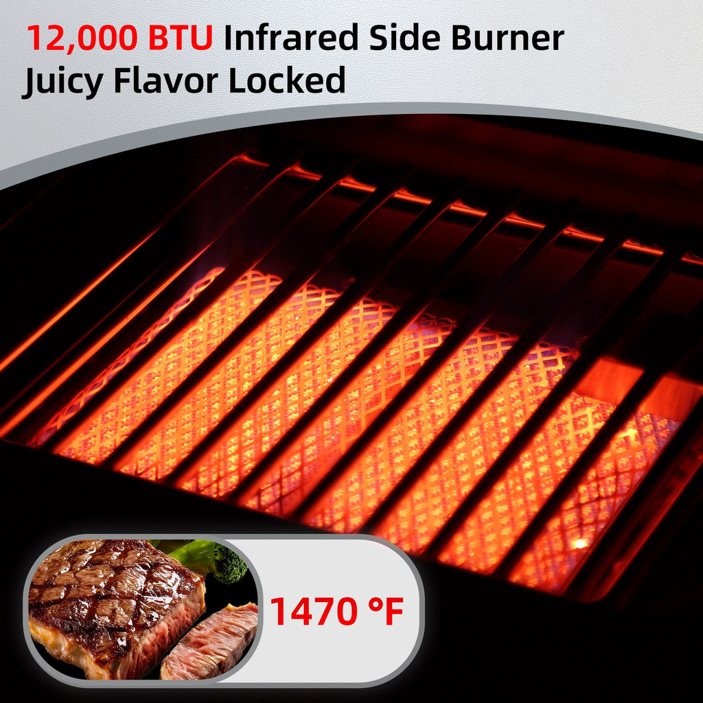 Brand-Man Grills 4-Burner Propane Gas Grill with Infrared Side Burner, Porcelain-Enameled Cast Iron Grate & Griddle, Outdoor Backyard BBQ Grill