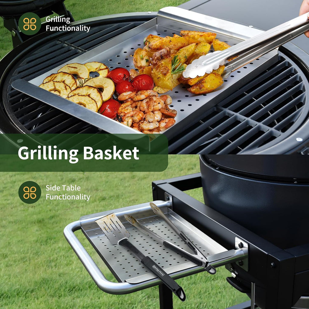 Brand Man 22 Kamado Charcoal Smoker Grill with Rolling Cart, Warming Rack, Pizza Stone & Vegetable Basket for Outdoor BBQ