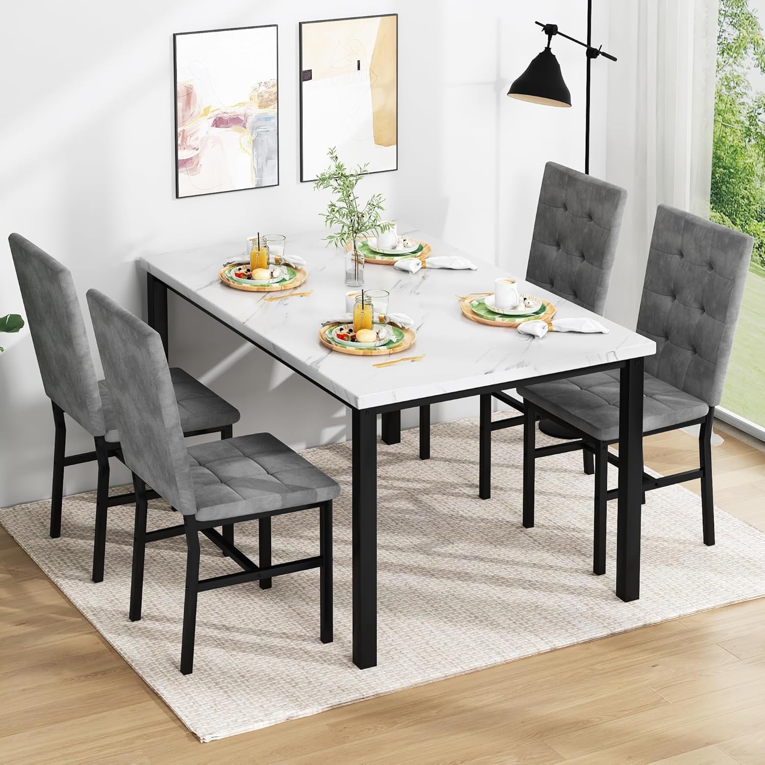 LinkRomat 5-Piece Faux Marble Dining Table Set for 4, Modern Kitchen Table with Chairs, Dinette Dining Room Furniture Set for Compact Space Saving