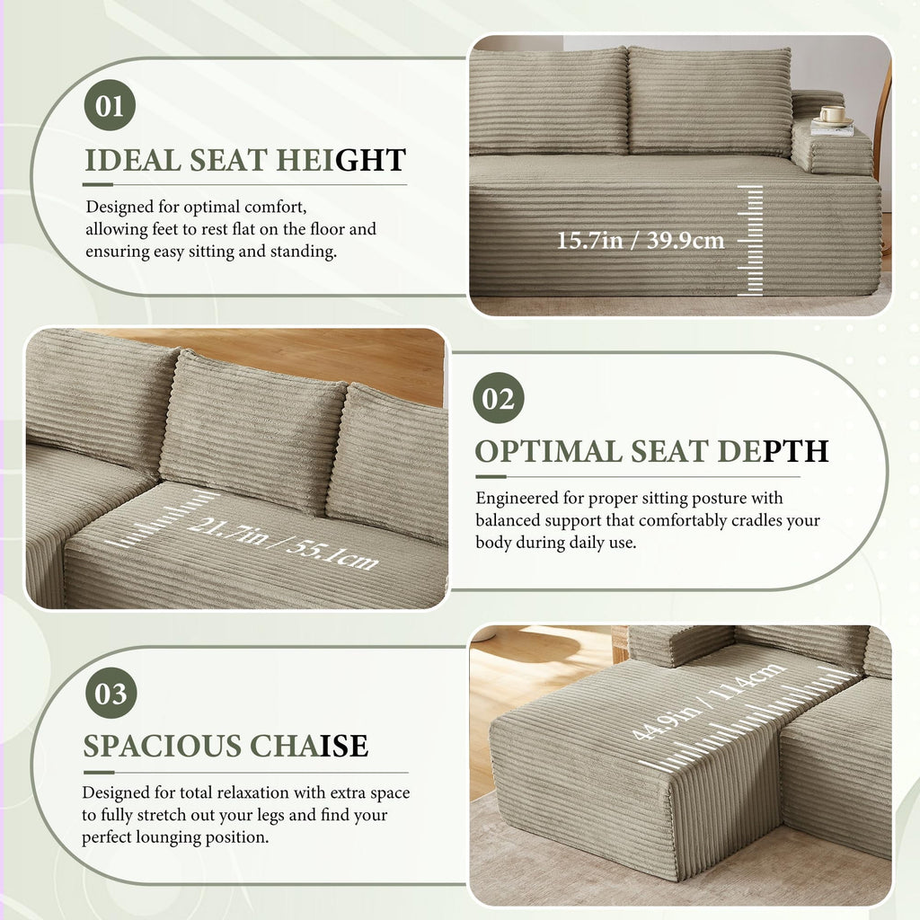 96 L-Shaped Sectional Couches for Living Room, Modular Cloud Couch with Chaise, Corduroy Deep Seat Boneless Sofa, No Assembly, Black