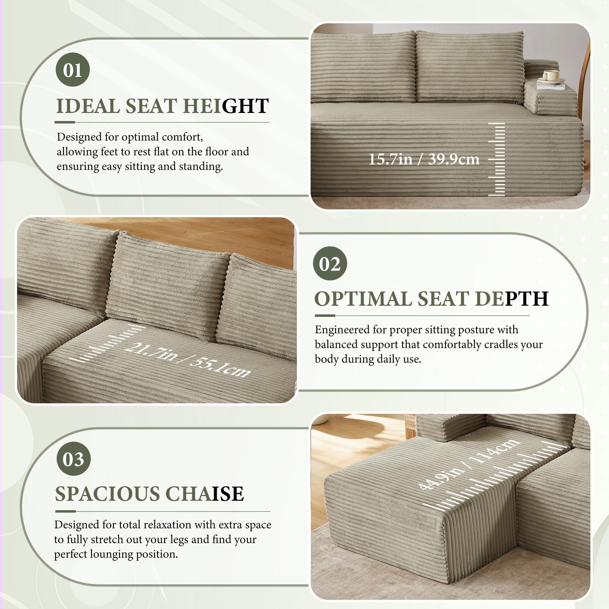 96 L-Shaped Sectional Couches for Living Room, Modular Cloud Couch with Chaise, Corduroy Deep Seat Boneless Sofa, No Assembly, Black
