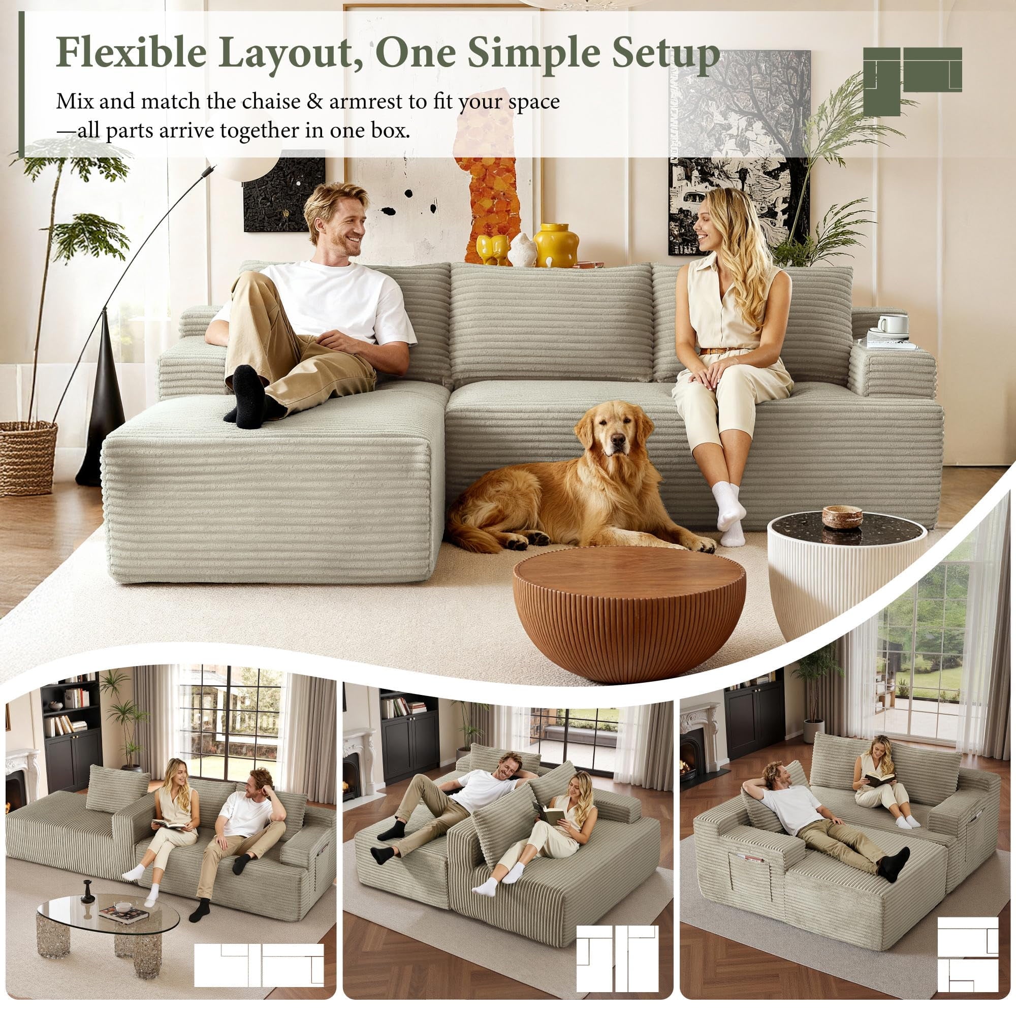 96 L-Shaped Sectional Couches for Living Room, Modular Cloud Couch with Chaise, Corduroy Deep Seat Boneless Sofa, No Assembly, Black