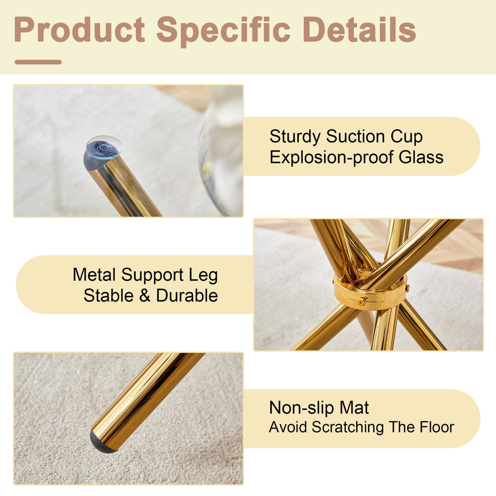 LUFTUT 36.6 Round Glass Dining Table, Modern Gold Base Kitchen Table, Small Space Bistro Table, Clear Tempered Glass Top for Apartmen
