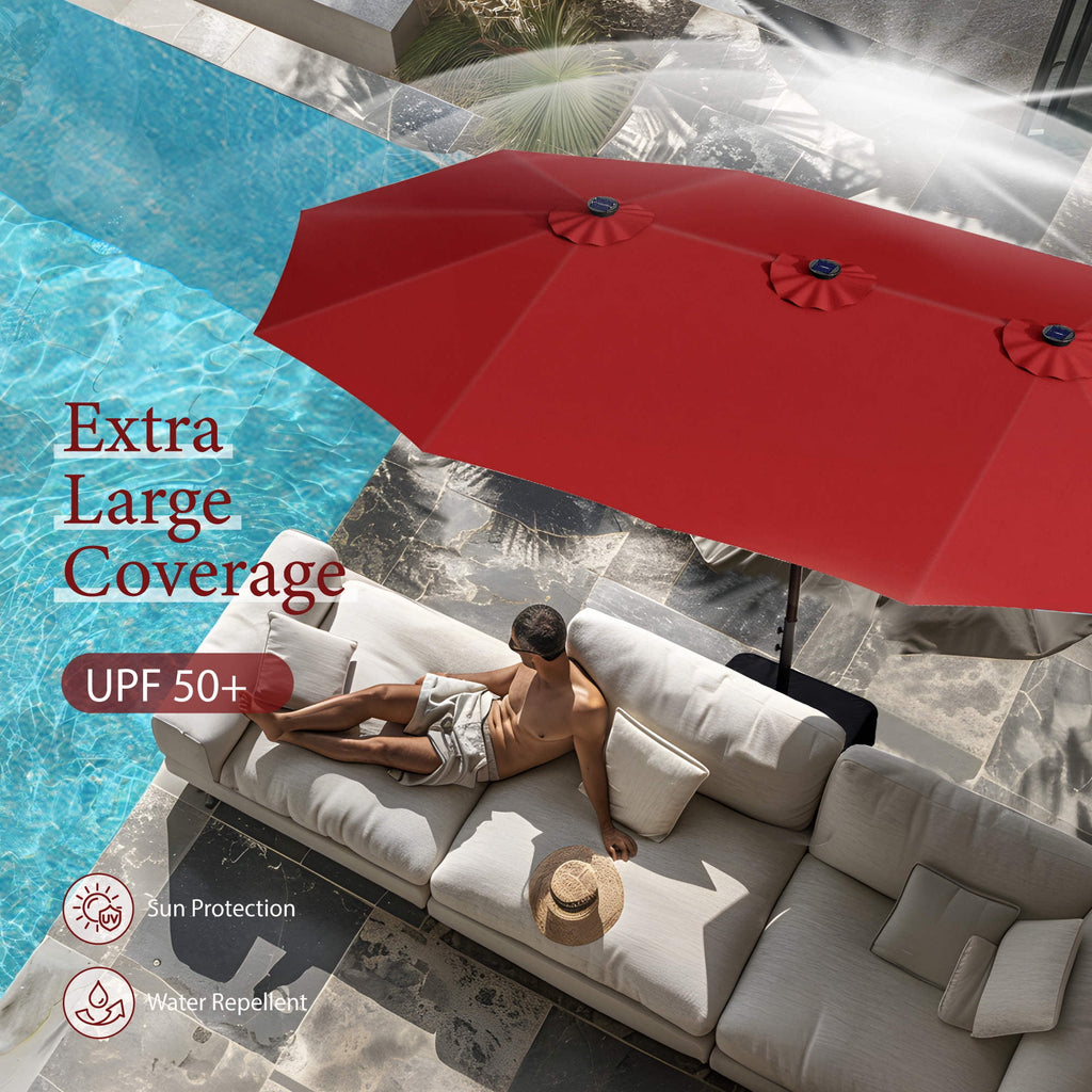 SUMMIT LIVING 15ft Double-Sided Solar Patio Umbrella with Base (Included) Large Outdoor Umbrella with Solar Lights - Beige