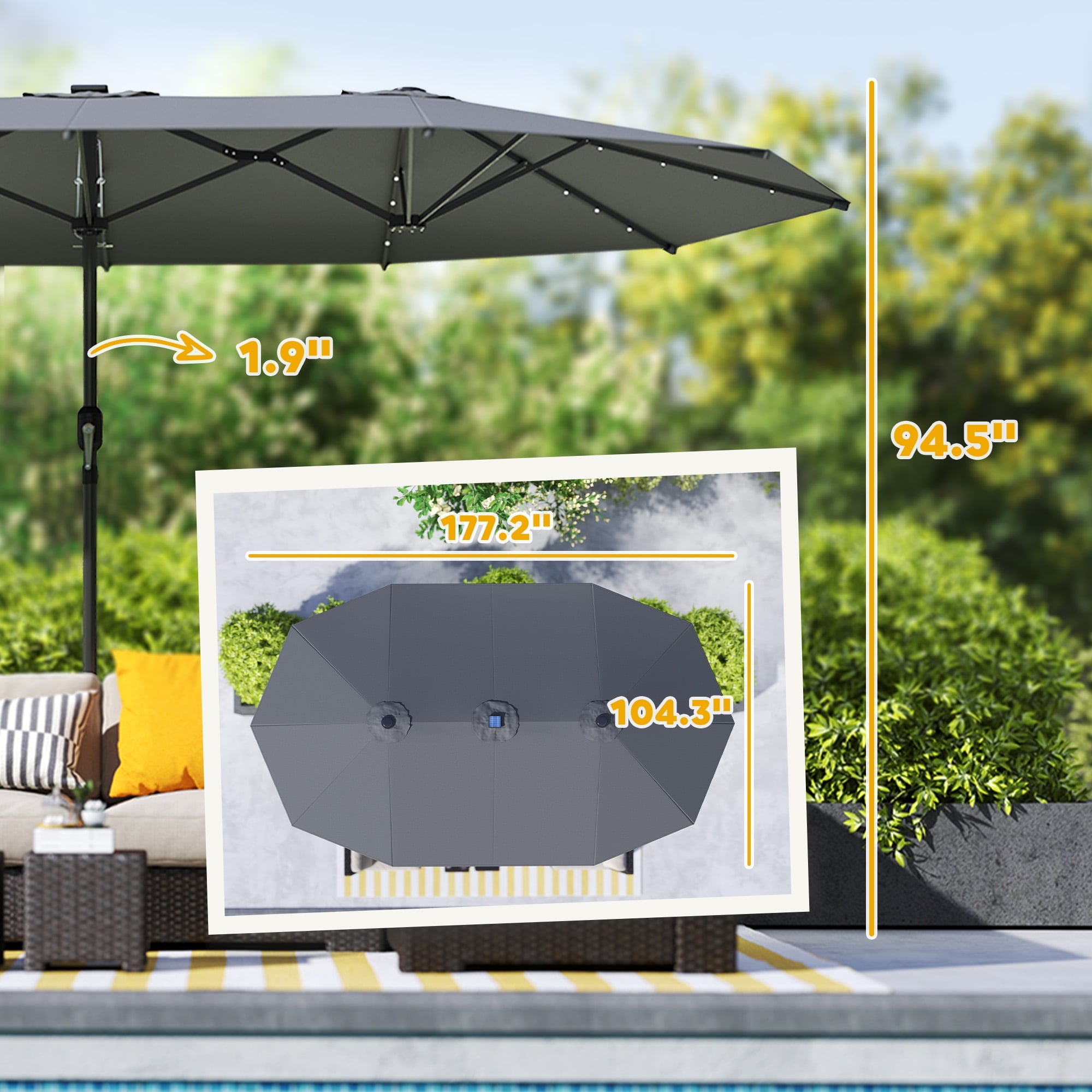 Outsunny Double-Sided Sun Umbrella, Outdoor Garden Parasol, Patio Sun Shade with LED Solar Light, Navy Blue