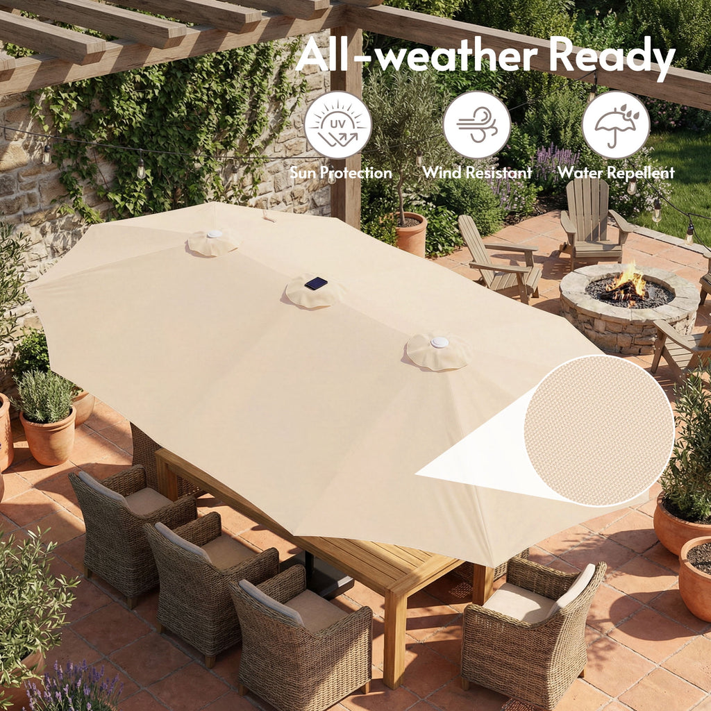 LAZZO 15ft Large Patio Umbrella with Base and Lights, Double-Sided Rectangular Outdoor Deck Umbrella, Tiki Style