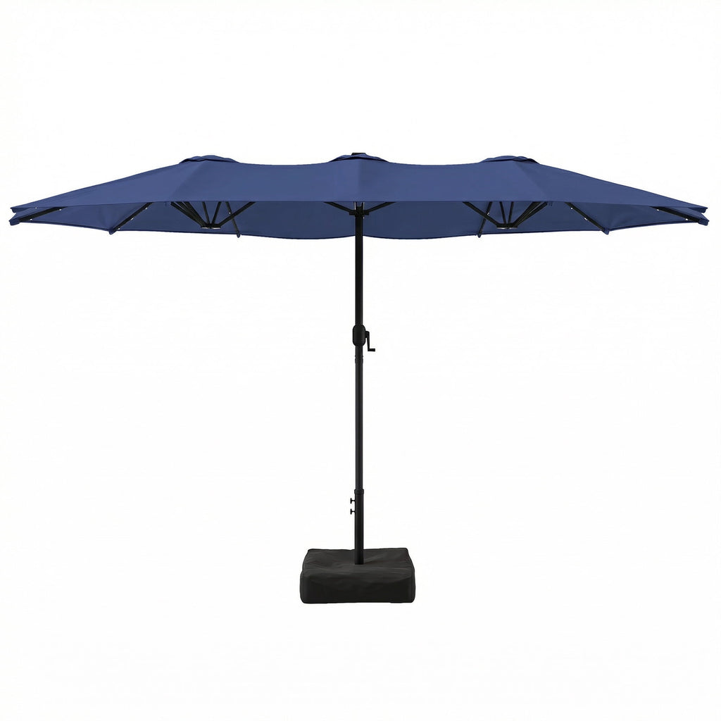 LAZZO 15ft Large Patio Umbrella with Base and Lights, Double-Sided Rectangular Outdoor Deck Umbrella, Tiki Style