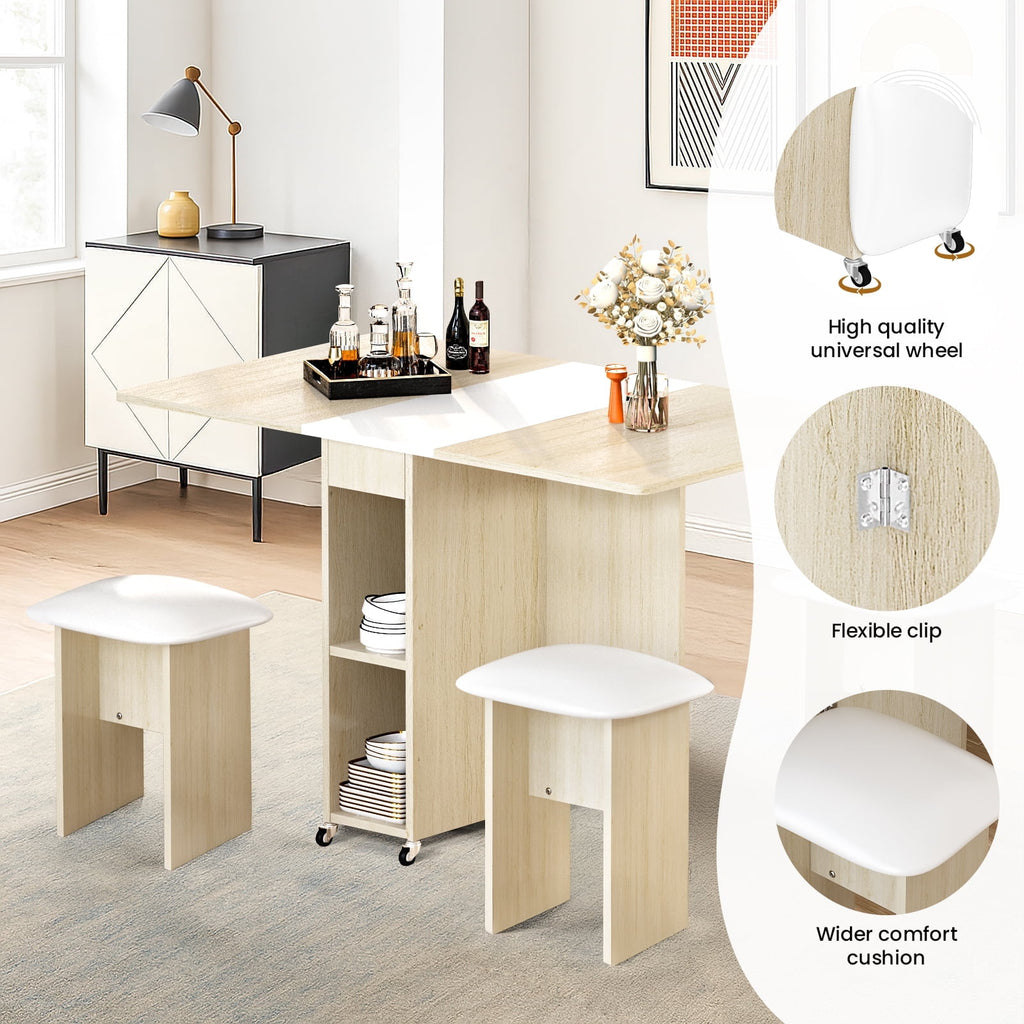MIERES Folding Dining Table Set for 4, Dinner Table with 4 Leather Chairs and Shelves, Space Saving Foldable Dining Table with 6 Wheels, Kitchen Table for Small Spaces (Grey)