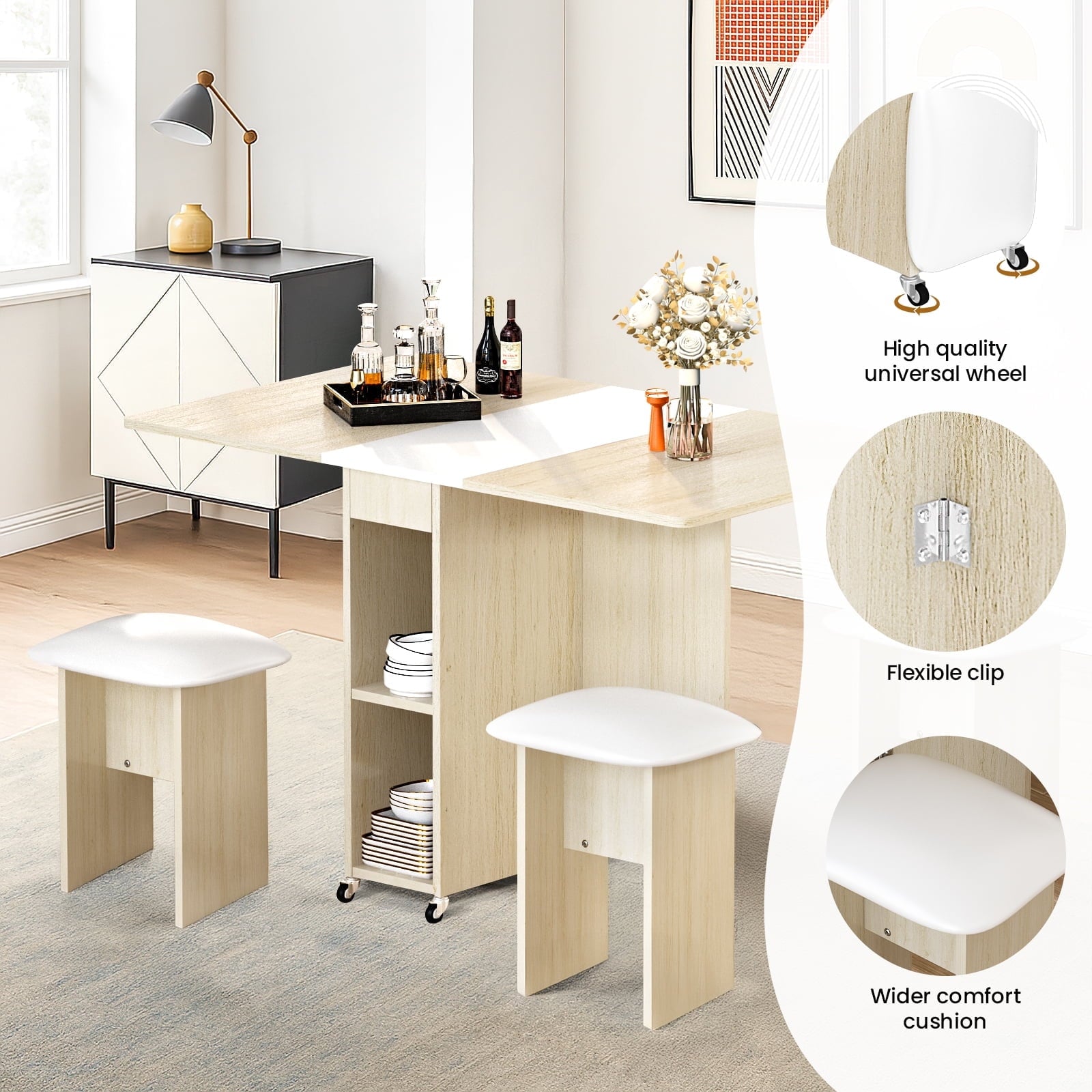 MIERES Folding Dining Table Set for 4, Dinner Table with 4 Leather Chairs and Shelves, Space Saving Foldable Dining Table with 6 Wheels, Kitchen Table for Small Spaces (Grey)