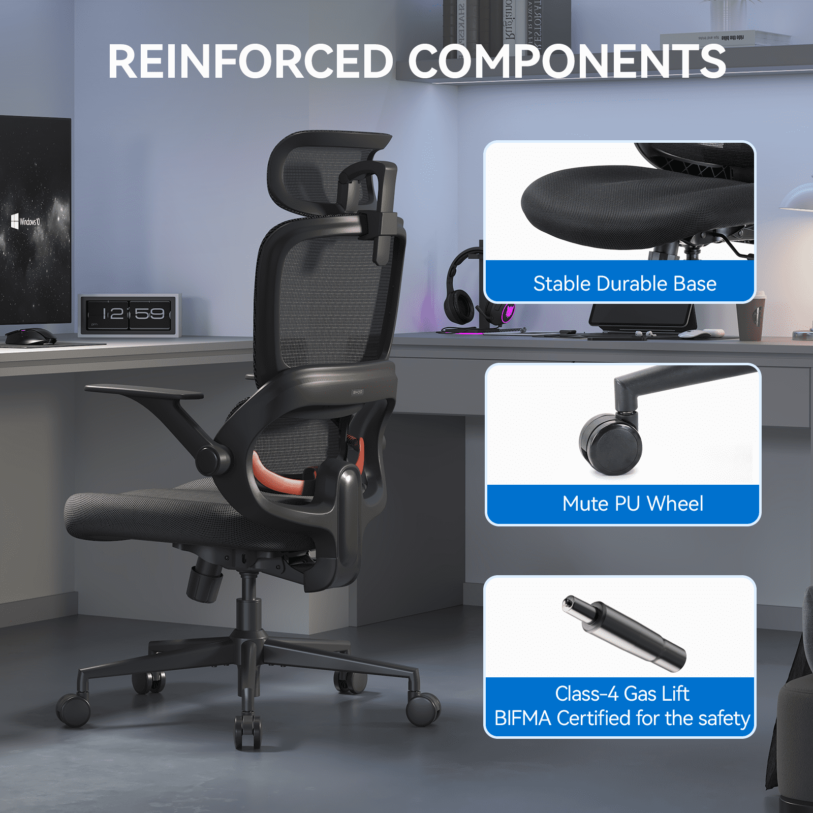 SIHOO B100 Se Office Chair, Executive Chair with Cotton Seat, Dual-Back Ergonomic Chair, 2D Adjustable Headrest & Flip Link Armrest, Comfort Mesh Chair for Home Office & Gaming, 265lbs, Gray