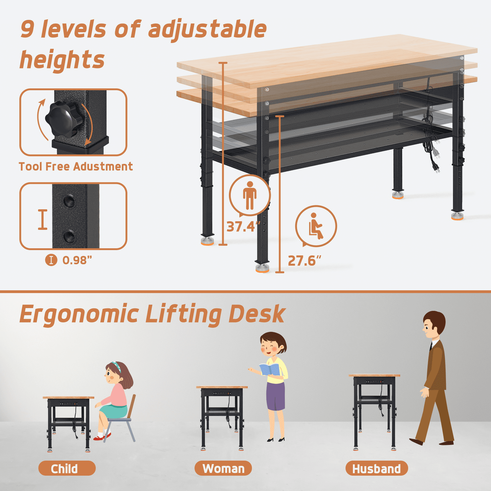 NETAJE 60 Heavy-Duty Work Bench Adjustable Workbench Work Table 2000 lb Load Capacity w/ Power Outlets for Garage, Workshop, Workstation