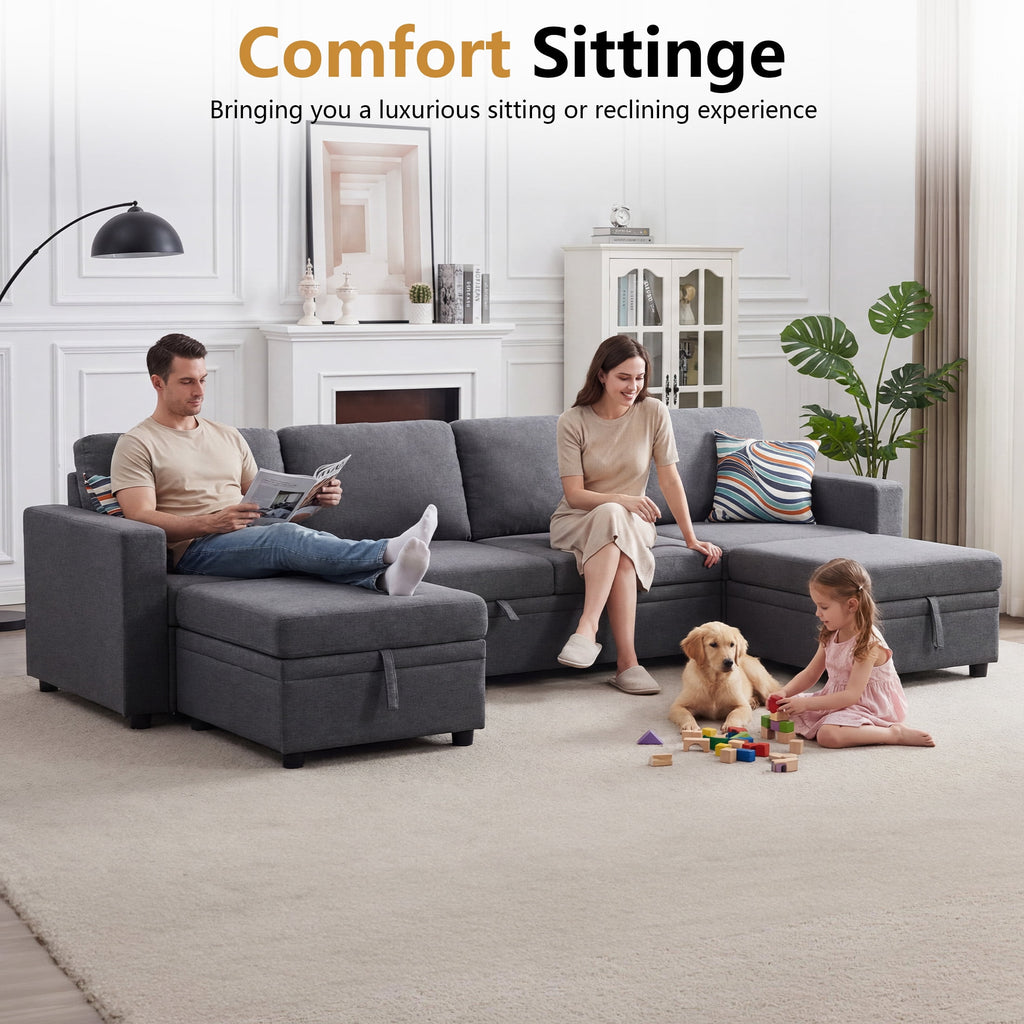 AENKYO 102 U-Shaped Sectional Sofa Bed, Linen Pull Out Sleeper Couch with Storage Seats for Living Room，White