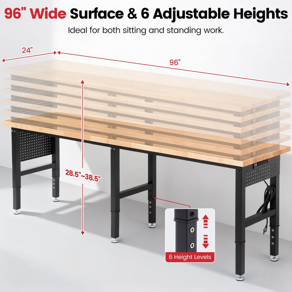 Workbench for Garage,ENJOYWOOD Heavy Duty 84 inch Wood Work Bench with Power Outlets and Peoboards,Rubber Wood Tabletop,5000 LBS Load Bearing Workstation Garage Desk Work Table