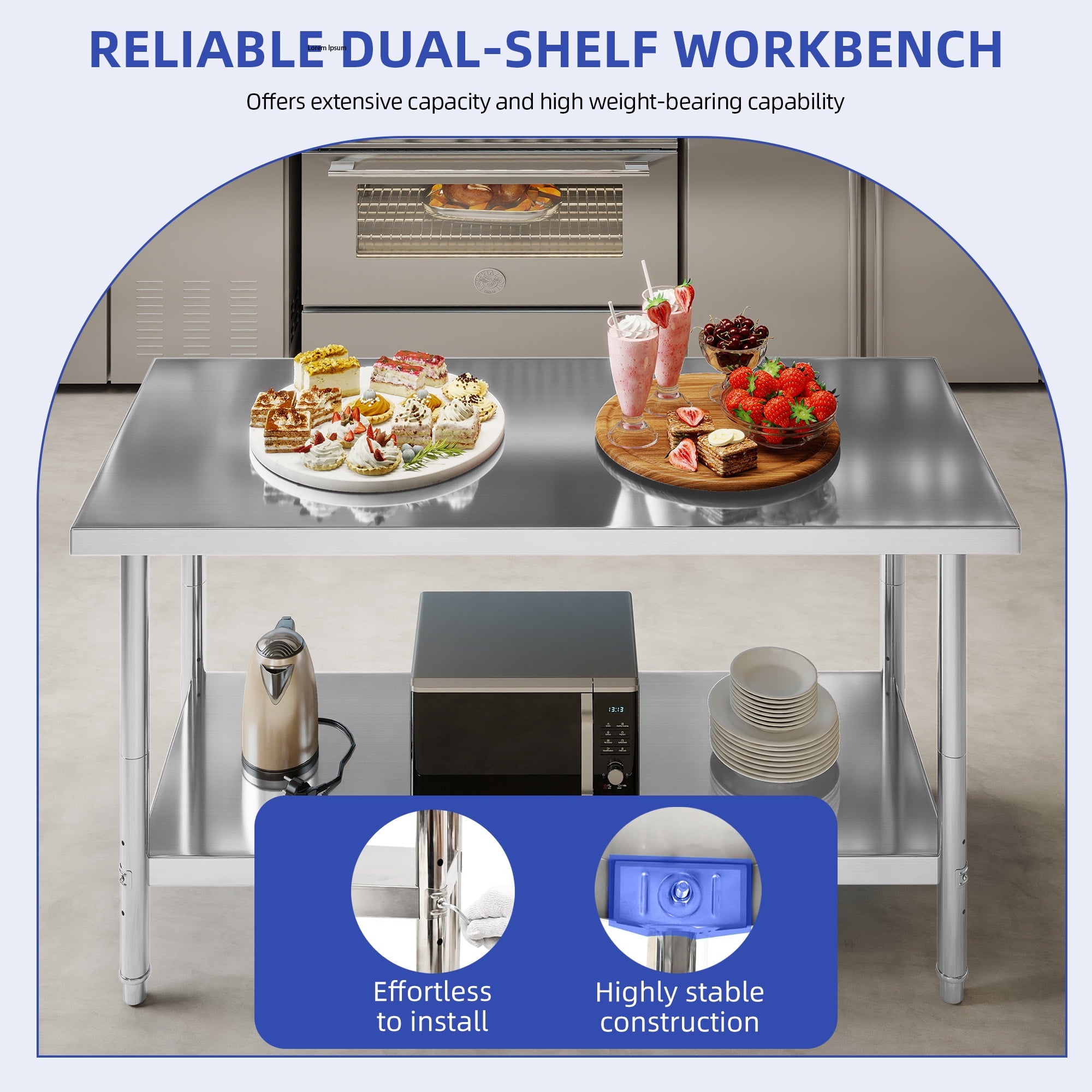 ModFusion 60x24 Heavy-Duty Stainless Steel Workbench with Adjustable Kitchen Rack, 5'x2'x2.8' ft Metal Prep Detailing Table, Home Steel Shelving, Utility Tools