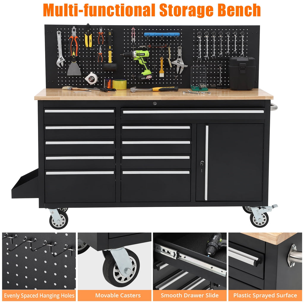 Garvee 61 Work Benches for Garage, Heavy Duty Work Table with 10 Drawers & Power Outlet, Black