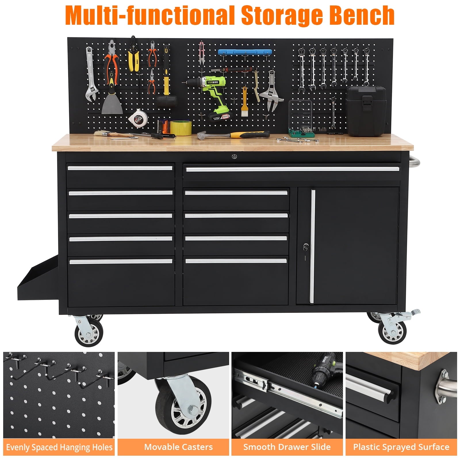 Garvee 61 Work Benches for Garage, Heavy Duty Work Table with 10 Drawers & Power Outlet, Black