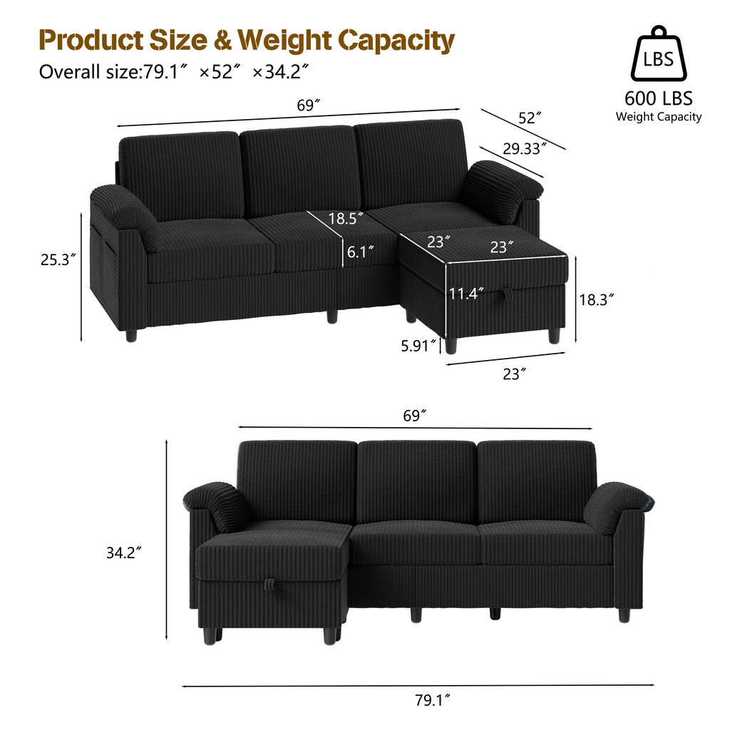 Walsunny 69 Convertible Sectional Sofa Couch with Storage Ottoman,L Shaped Sofa with Removable Pillows & Linen Fabric, Modern 3-Seat Couch with Reversible Storage Chaise,Dark Gray