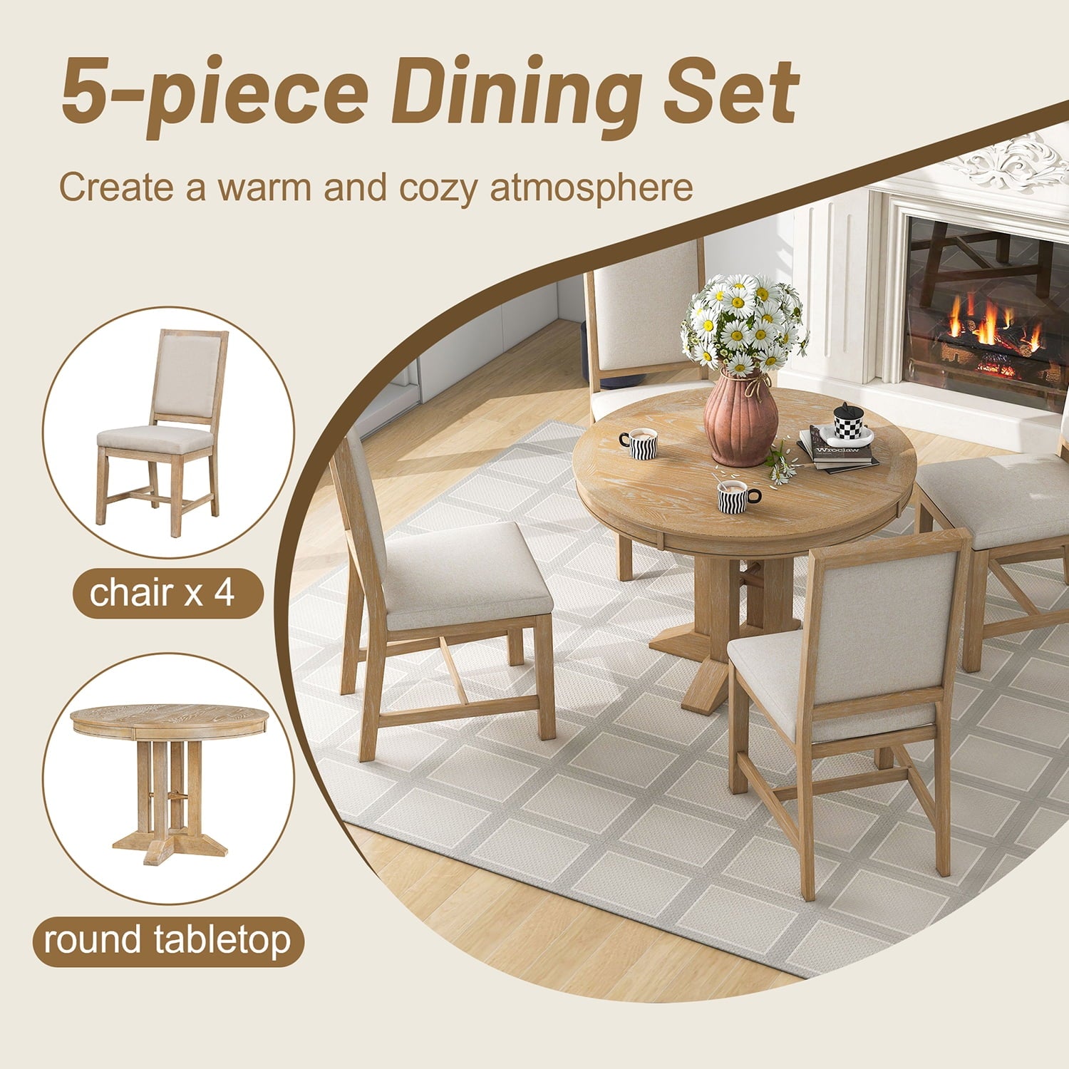 Harper & Bright Designs Farmhouse 5 Piece Kitchen Dining Table Set for 4, Solid Wood Extendable Round Dining Table Set and 4 Upholstered Chairs, Retro Dining Set for Kitchen, Natural Wood Wash