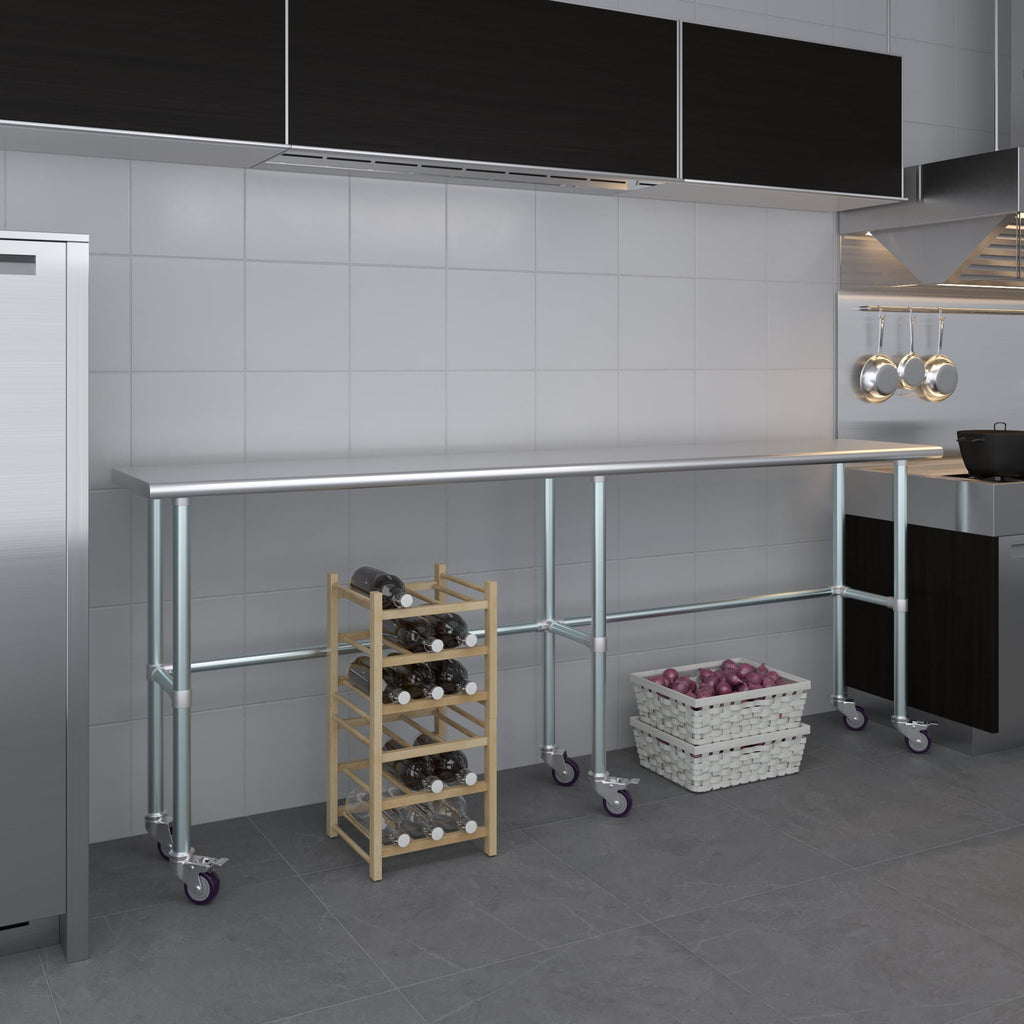 AmGood 36 Long x 30 Deep Stainless-Steel Work Table with Open Base and Wheels, Mobile Metal Table