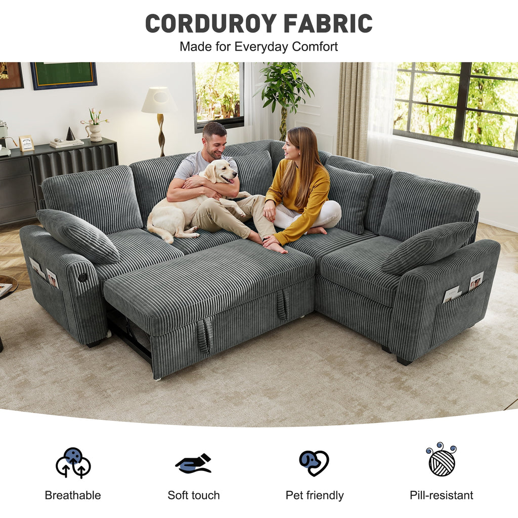 BedLuxury 83 Sectional Sleeper Sofa With Pull Out Bed, Storage Seat & USB Charging, L Shape Modern Couch for Living Room, Corduroy Gray
