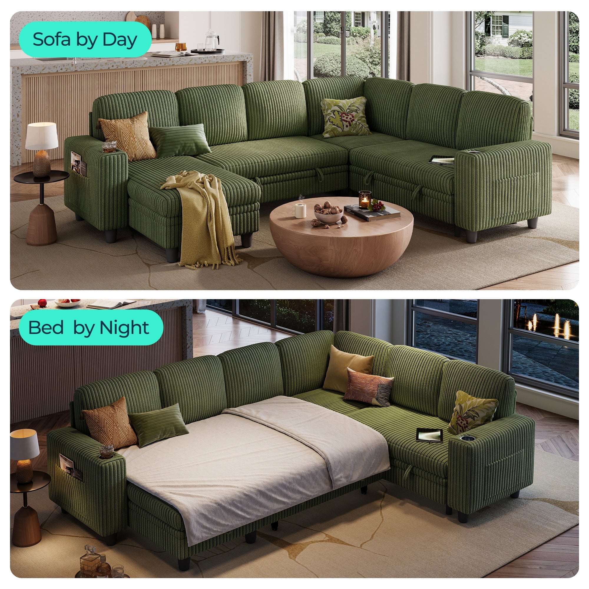 LINSY HOME L Shaped Sectional Couches for Living Room, Sleeper Sofa Bed with Reversible Storage Chaise, Pull Out Couch Bed with USB, Cup Holder, Black