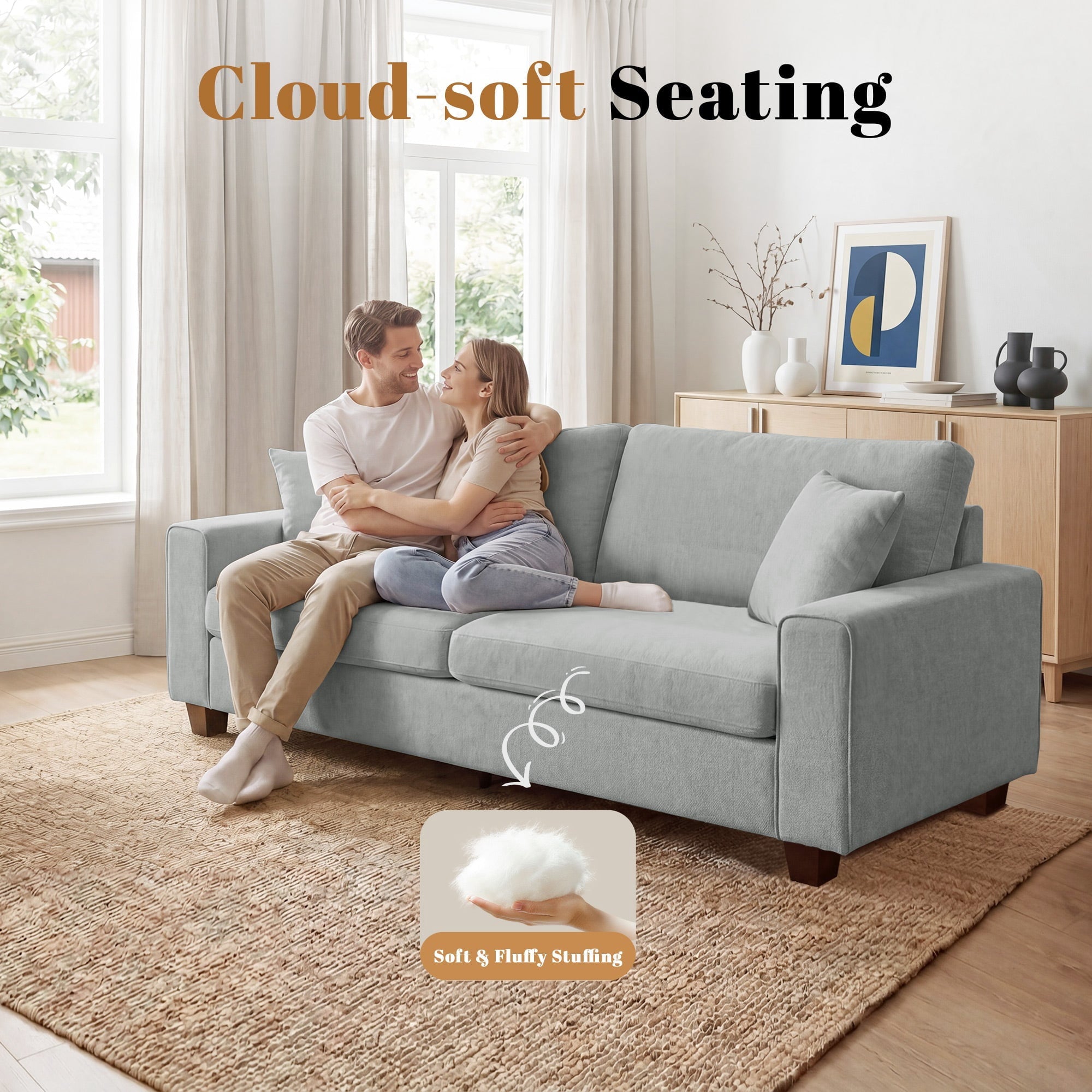 Poshby 88.58''W 3 Seater Sofa Couch with Chenille, Modern Square Arm for Living Room, Light Gray