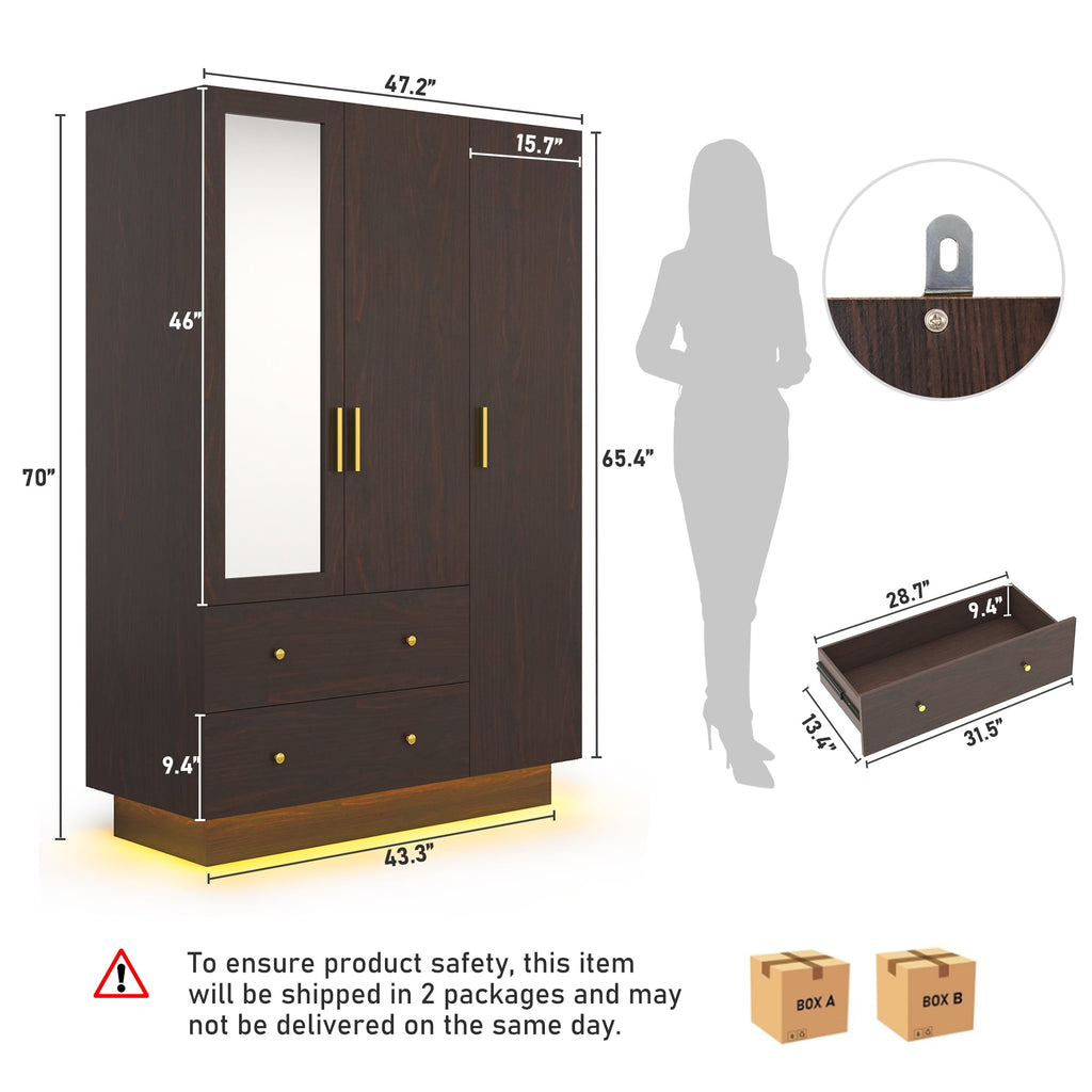 Blotout 70 Armoire Wardrobe Closet with Mirror, LED Wardrobe Armoire with 2 Drawers, 3 Door Wood Armoire Storage with Hanging Rods and Multi-Layer Shelves