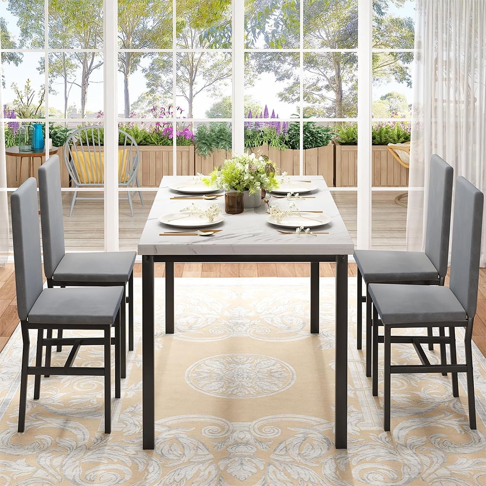 LinkRomat 5-Piece Faux Marble Dining Table Set for 4, Modern Kitchen Table with Chairs, Dinette Dining Room Furniture Set for Compact Space Saving