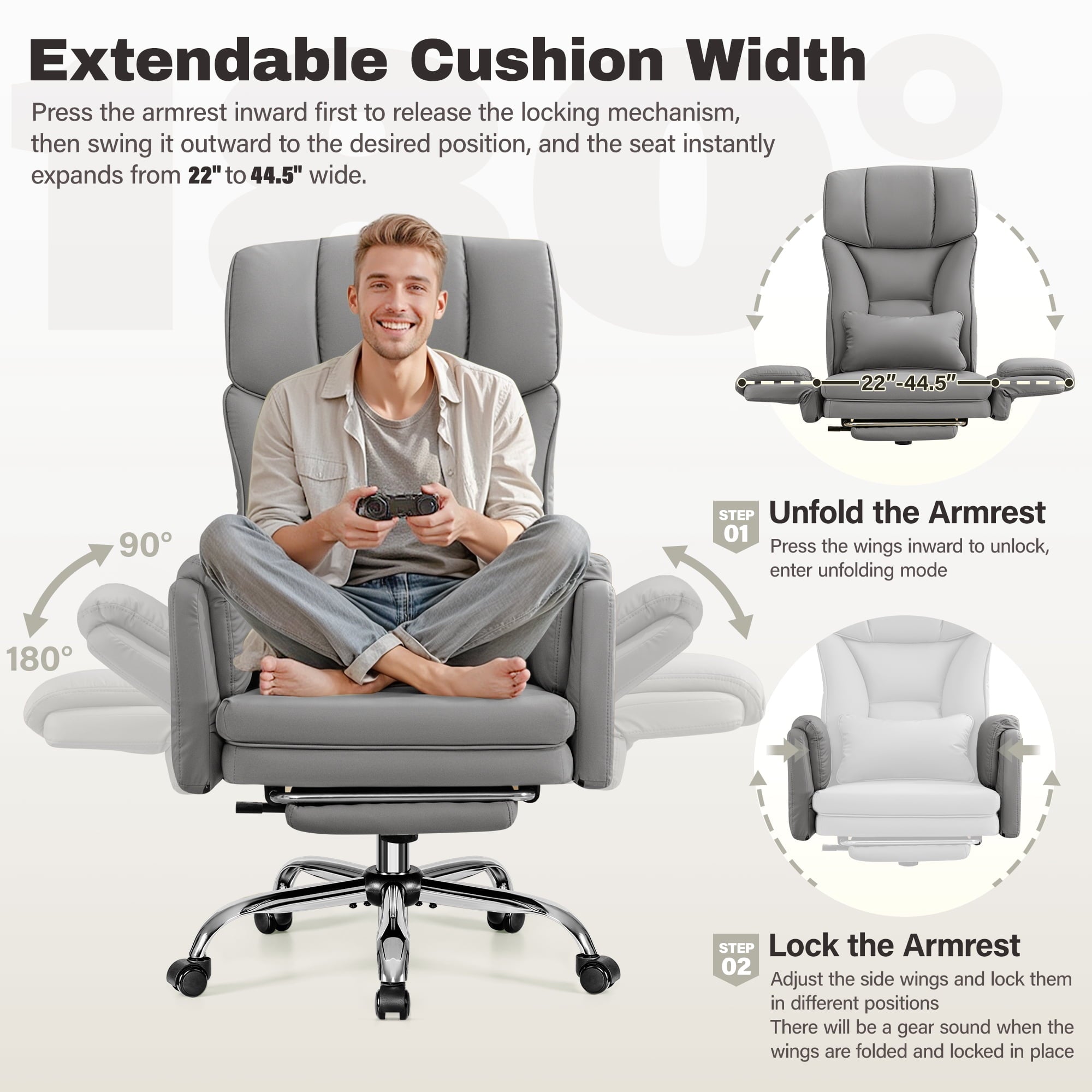 Primy Cross Legged Office Chair with Footrest & Convertible Armrests, 500LBS Capacity Home Desk Chair, Ergonomic Recliner with Lumbar Pillow, Criss Cross Design, Big and Tall Executive Chair