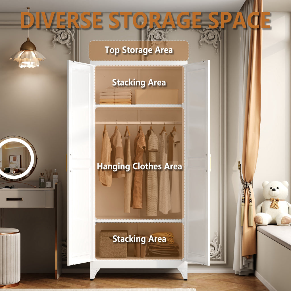 Polup 71 H Modern Metal Sturdy Armoire Cabinet with Shelves and Hanging Rod, Adult Bedroom Wardrobe Closet with Doors