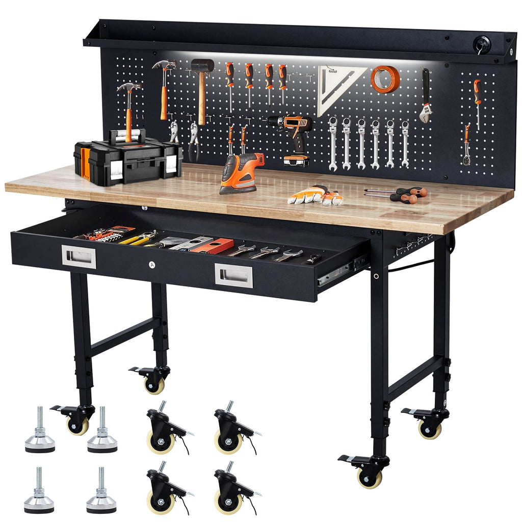 Garvee 60 x 22 in Garage Workbench with Rubber Wood Top & Cold Rolled Steel Structure, Work Bench with Drawer, Power Strip with 9 ft Cord