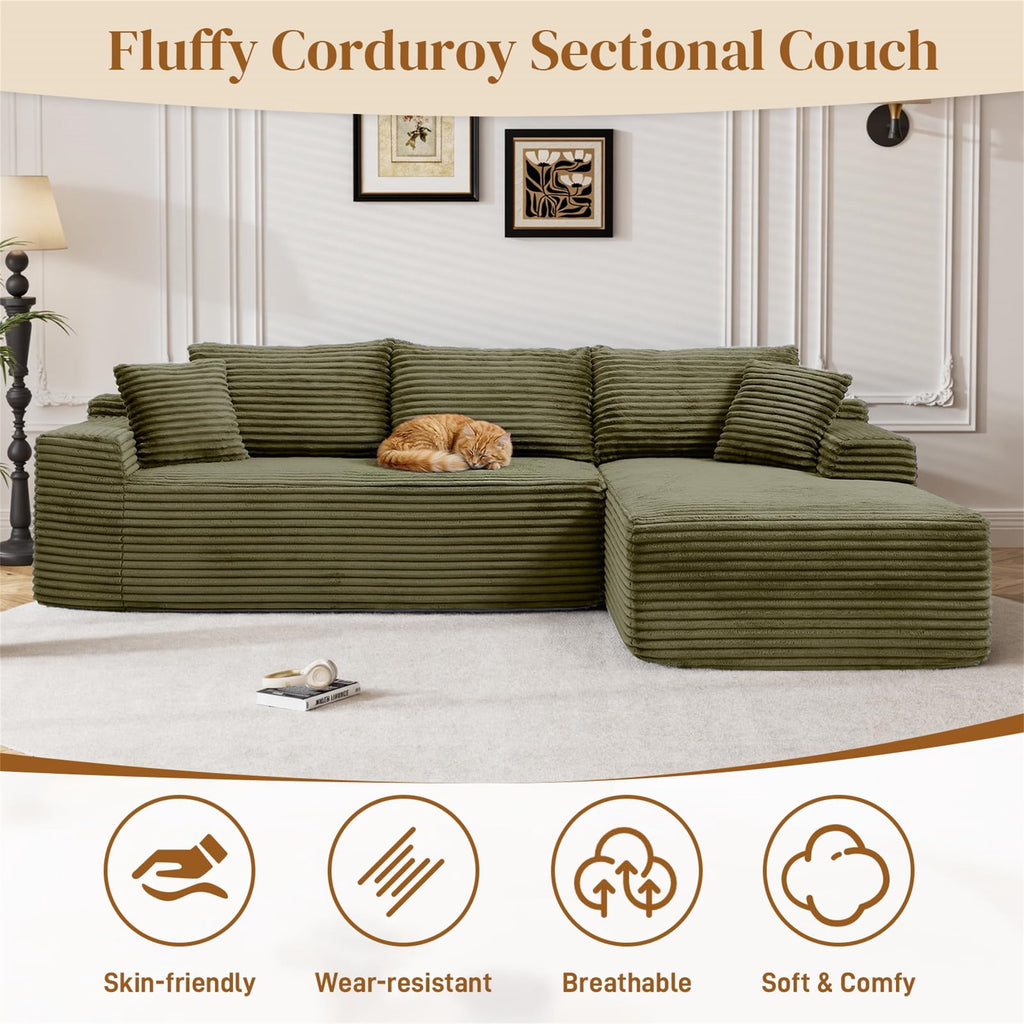 Aukfa 95 Cloud Sectional Sofa Deep Seat Boneless Couch Modular L-Shaped Couch, Left Chaise Corduroy Sofa for Living Room, Black