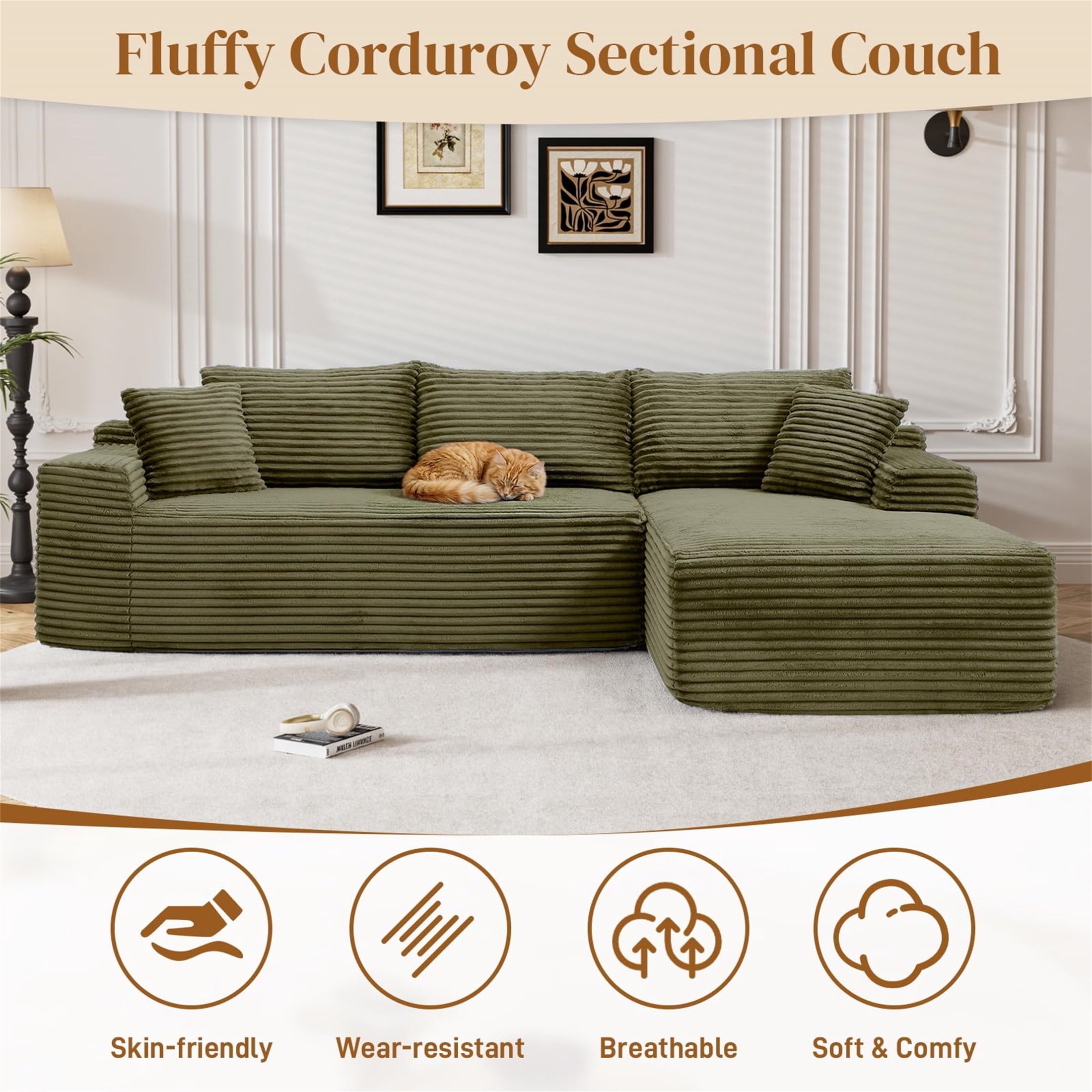 Aukfa 95 Cloud Sectional Sofa Deep Seat Boneless Couch Modular L-Shaped Couch, Left Chaise Corduroy Sofa for Living Room, Black