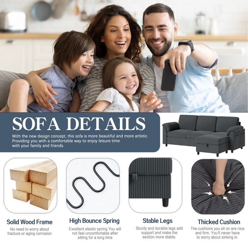 Walsunny 69 Convertible Sectional Sofa Couch with Storage Ottoman,L Shaped Sofa with Removable Pillows & Linen Fabric, Modern 3-Seat Couch with Reversible Storage Chaise,Dark Gray