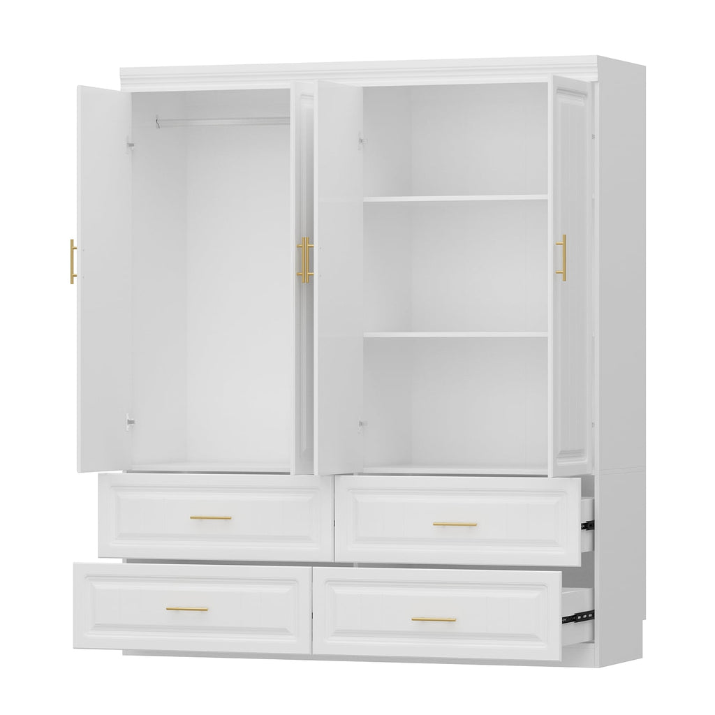Oxylife 4-Door Wardrobe Armoire, Closet with Shelves and Drawers,Storage Cabinet with Rod for Bedroom, 93.3 H,White