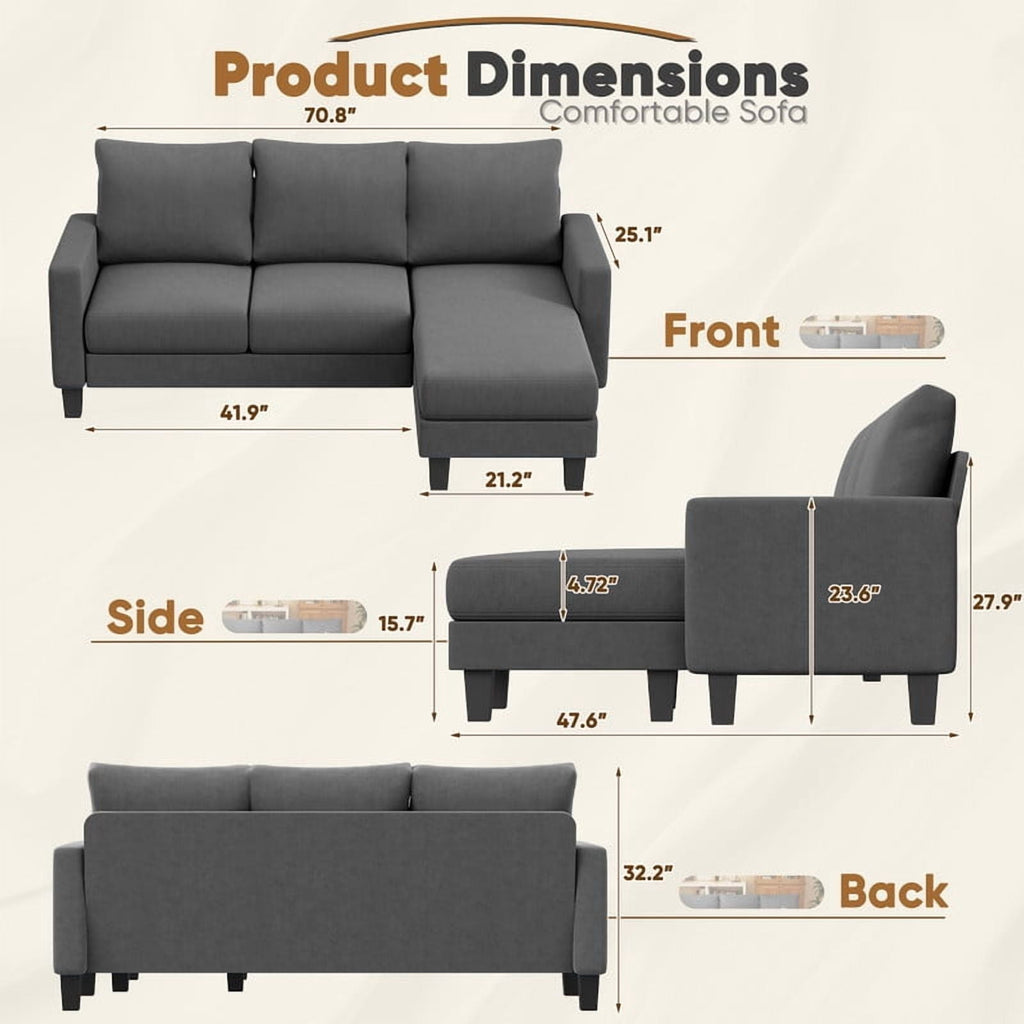 Homall Convertible Sectional Sofa Couch, Modern Linen Fabric L-Shaped Couch 3-Seat Sofa Sectional with Reversible Chaise for Small Living Room, Apartment and Small Space, Light Gray