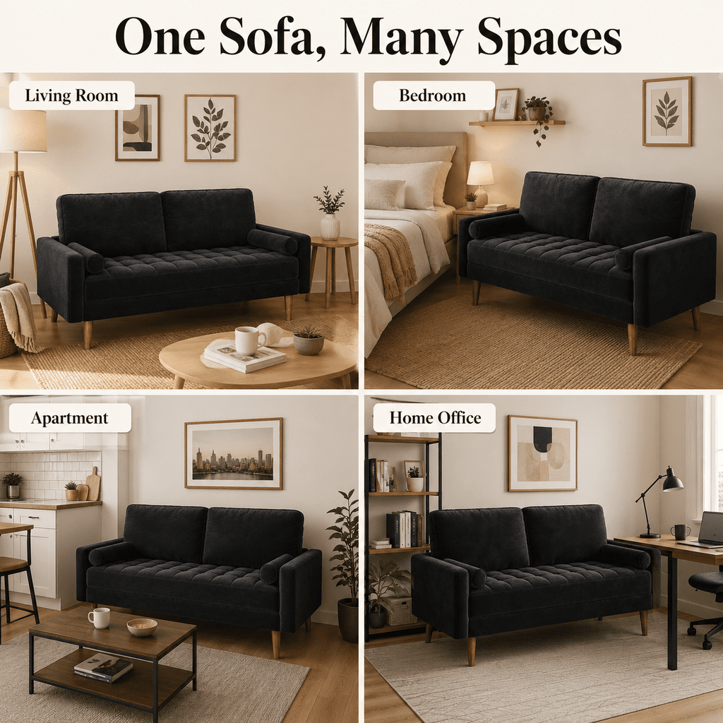 Neche Sofa for Living Room,Solid Wood Foot, 2 Seater Small Modern Loveseat Couch in a Box  - Black