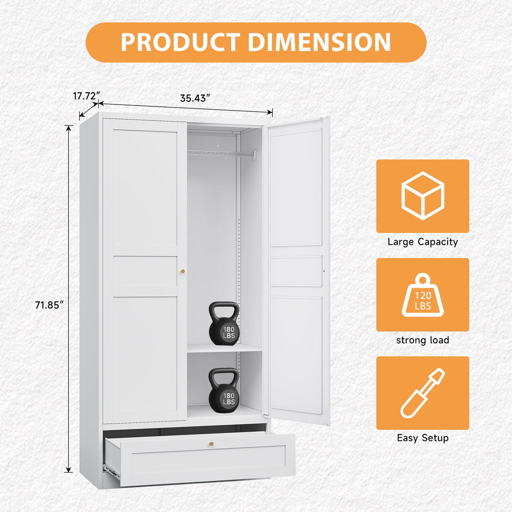 STANI Metal Wardrobe Closet with Hanging Rod, 72 White Armoire Wardrobe Cabinet with Adjustable Shelves, Clothes Storage Organizer Cabinets for Bedroom, Bathroom, Office