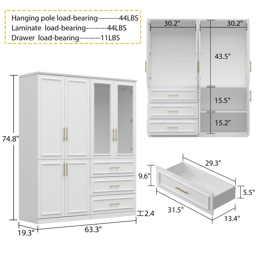 OxyLife 2 Door Wardrobe Armoire, White Closet Storage Organizer with Drawers and Shelves