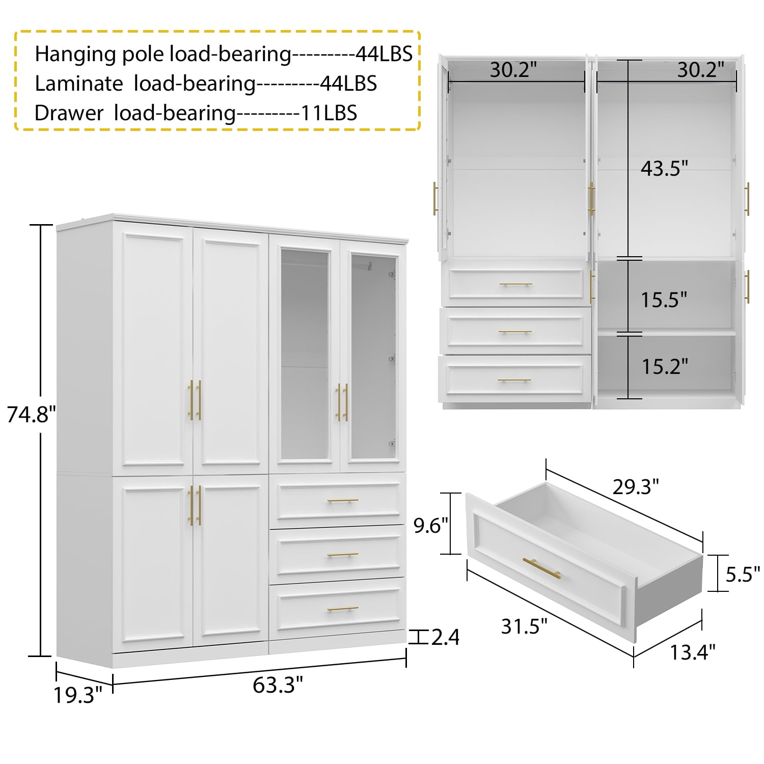 OxyLife 2 Door Wardrobe Armoire, White Closet Storage Organizer with Drawers and Shelves