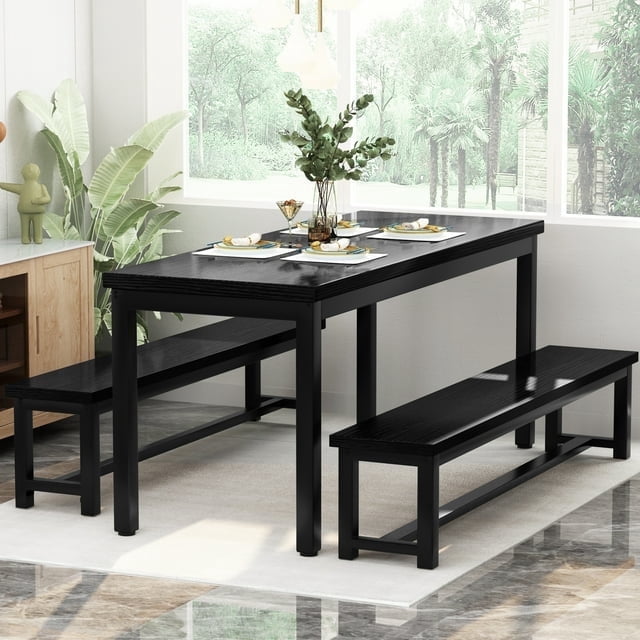 MIERES Kitchen Dining Set: Rectangular solid wood dining table with two benches, suitable for 2 to 4 people, small dining set, black