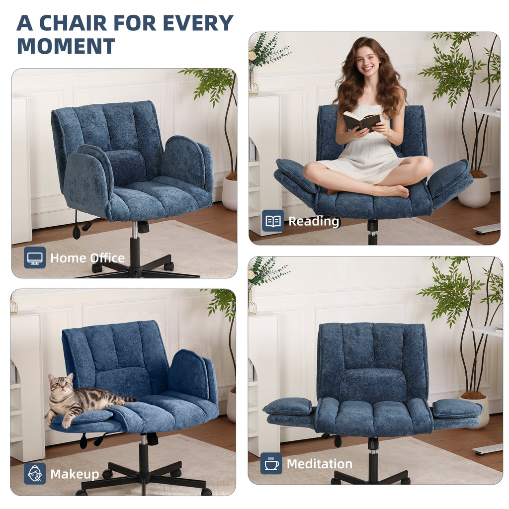 Cross Legged Office Chair with Wheels & Dynamic Airbag Lumbar Support, Criss Cross Wide Seat, 5-Position Fold-Down Armrests, Swivel Vanity Chair for Home Office, Dark Green