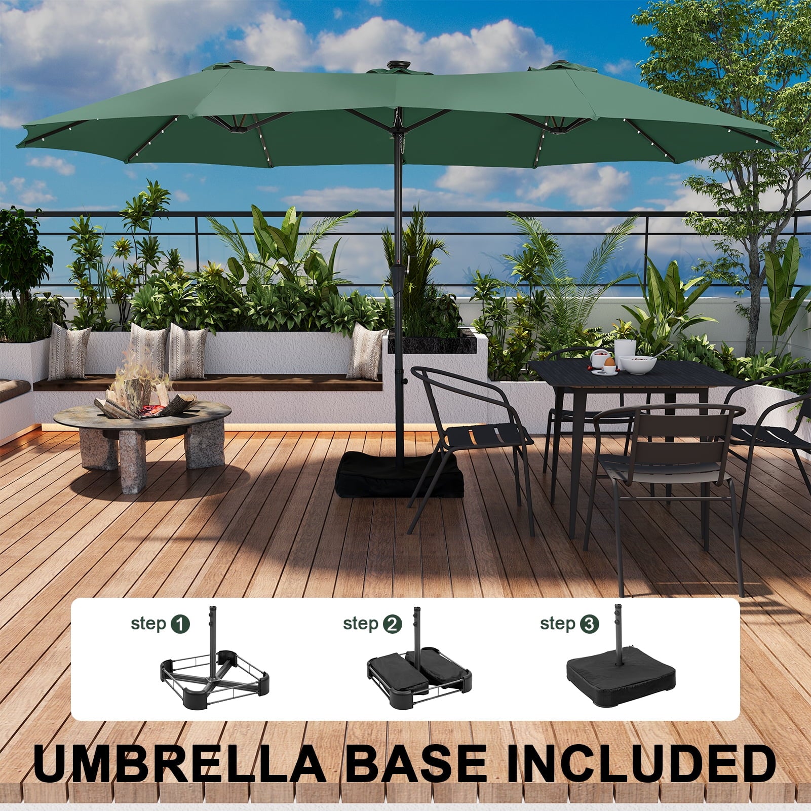 Ainfox 15ft Large Patio Umbrella with Solar Lights, Double-Sided Outdoor Rectangle Table Umbrellas with Sand Bag Base，Beige