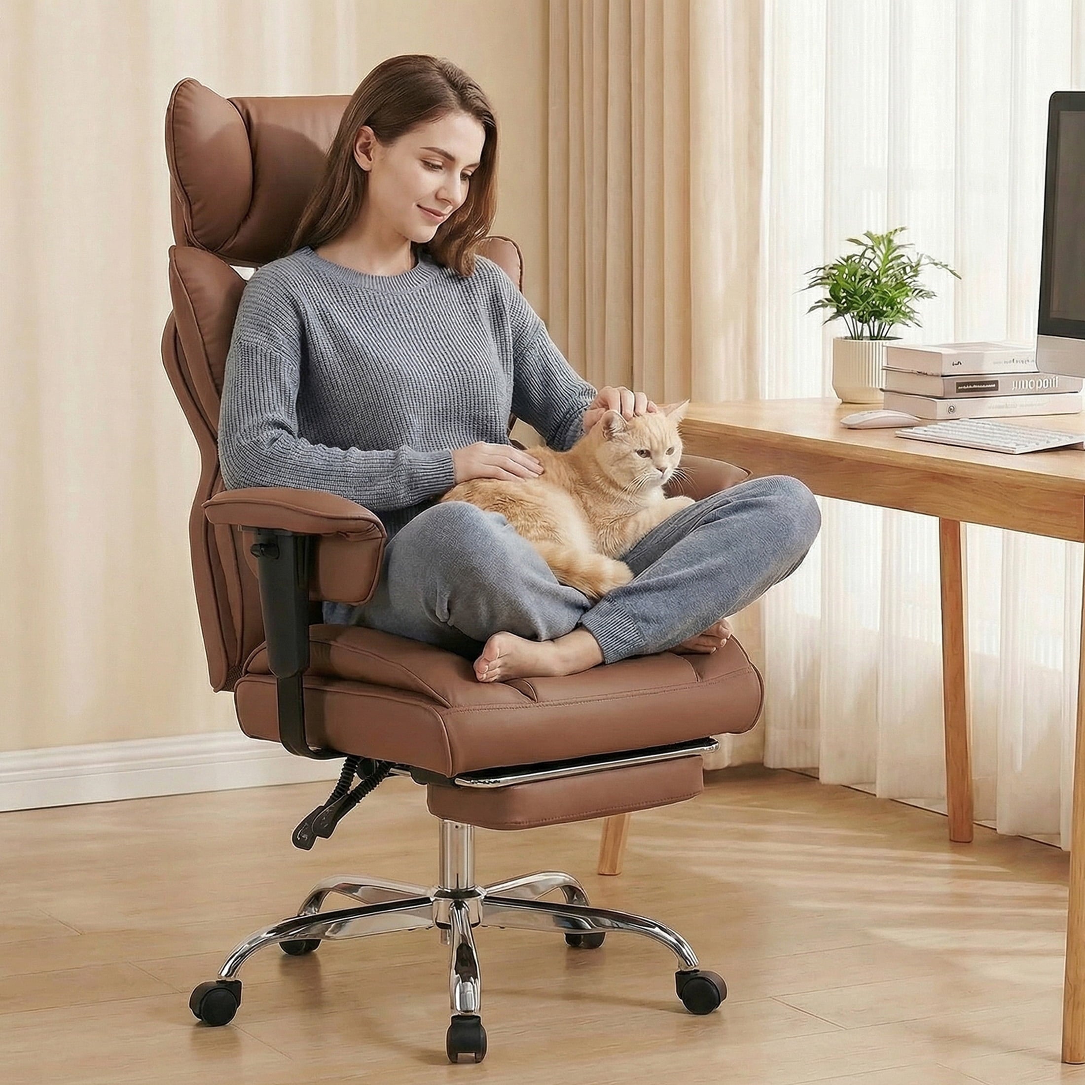 edx Executive Home Office Desk Chair, Ergonomic Big Tall High Back with Footrest & Lumbar Support, Reclining Comfy PU Leather Computer Gaming Chair with Swivel Wheels, Height Adjustable, Black