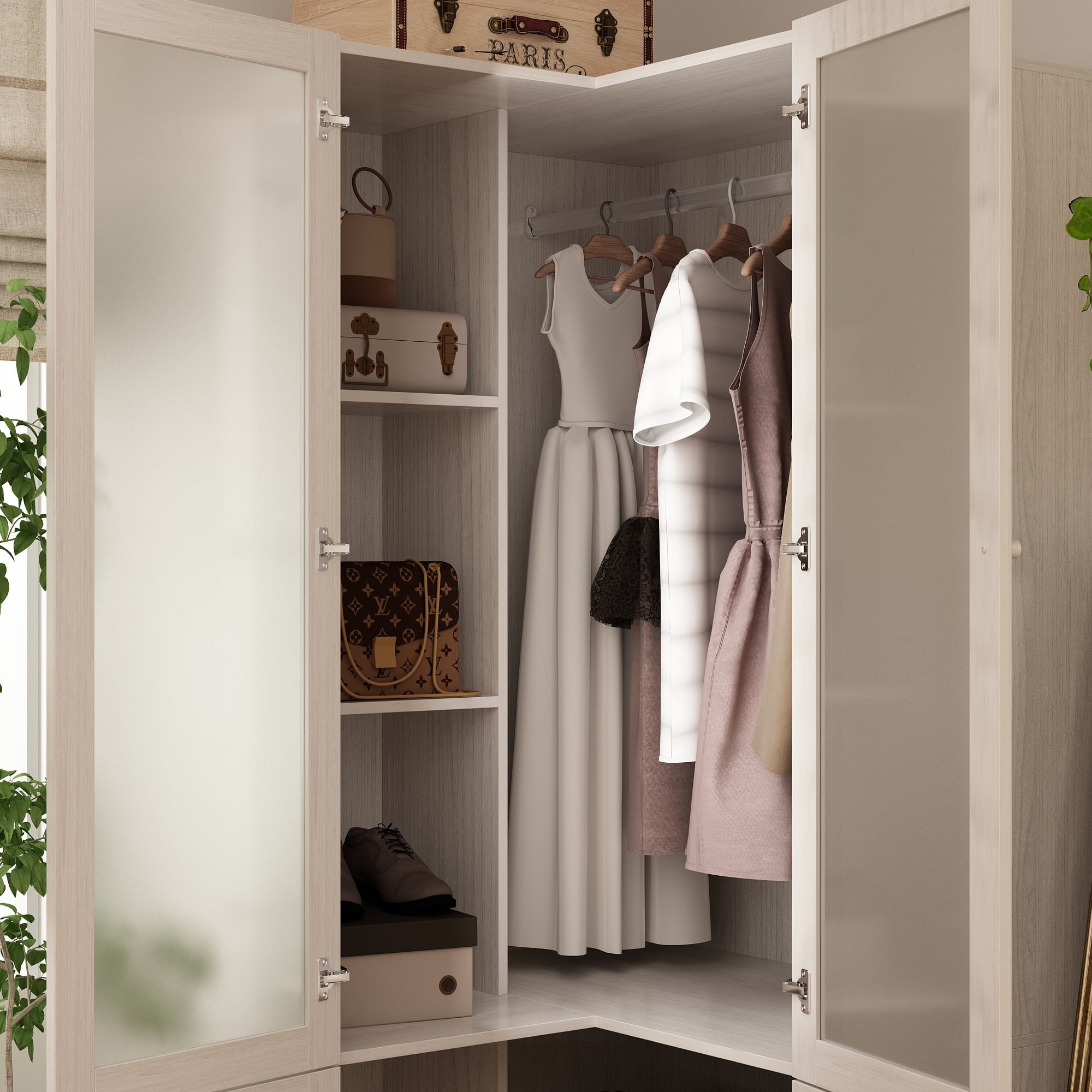 KULAGAGA Corner Armoire Wardrobe with Frosted Glass Doors, L-Shaped Closet Cabinet with Shelves and Hanging Rail for Bedroom