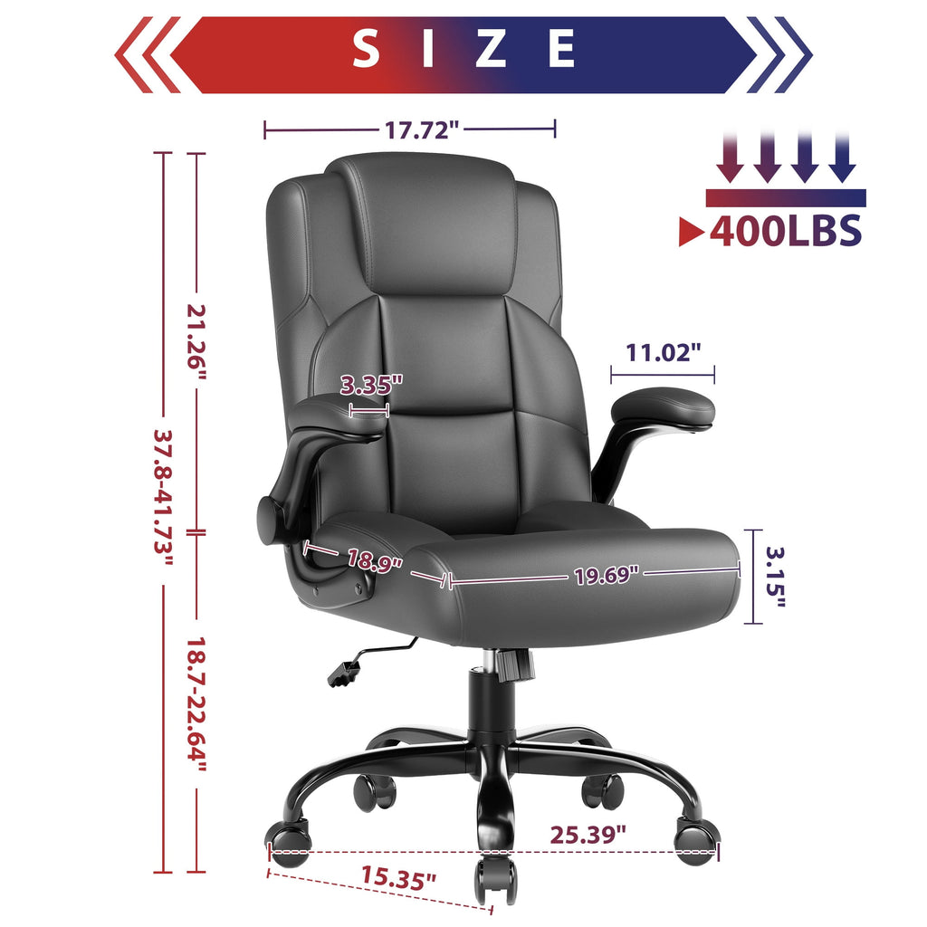 JONPONY Leather Office Chair, Big and Tall 500lbs Ergonomic Desk Chairs with Back Support, Executive Leather Chair with Wheels for Home Office, with Adjustable Padded Armrest & Lumbar Support , Black