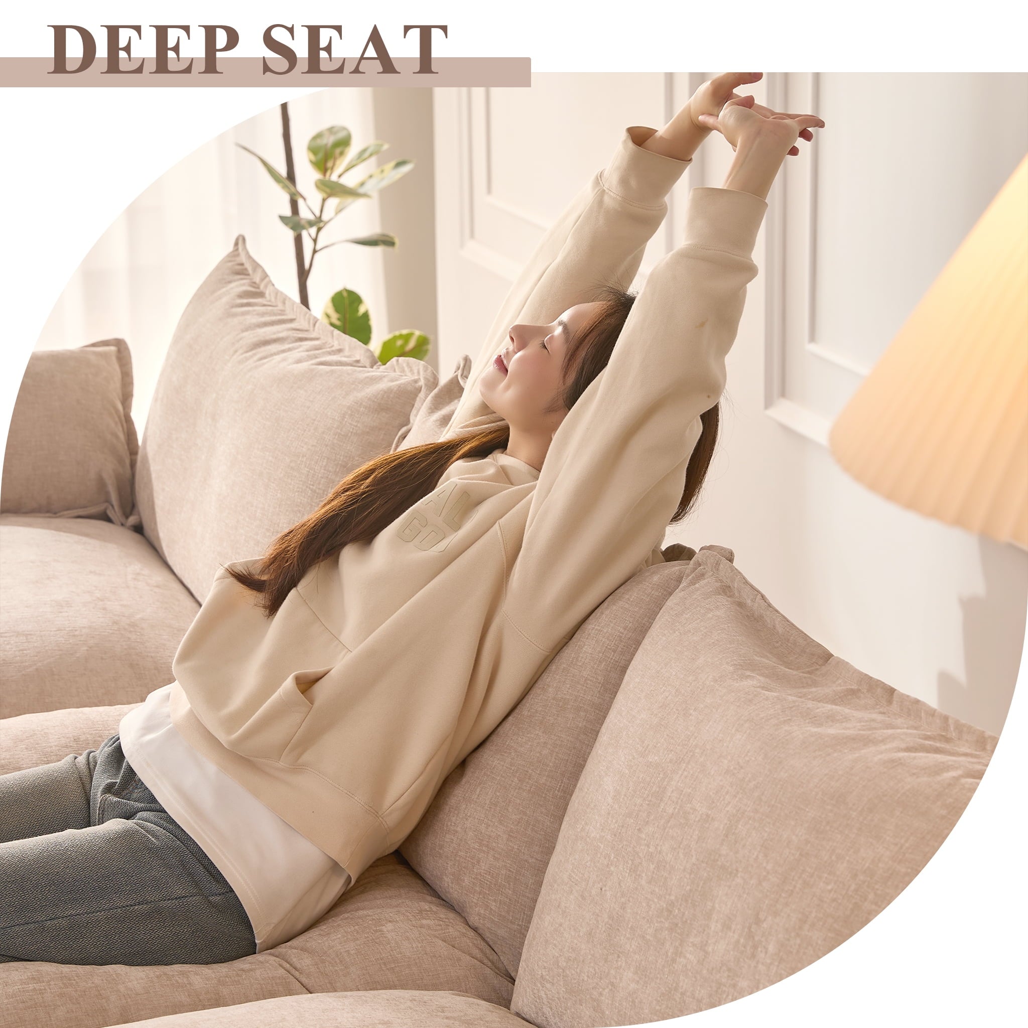 LAKPS 3-Seat Sectional Sofa Couch, Cloud-Style Deep Seating Sleeper Sofa with Included Throw Pillows, Linen Upholstery, Modern Living Room Sofa, Cream White