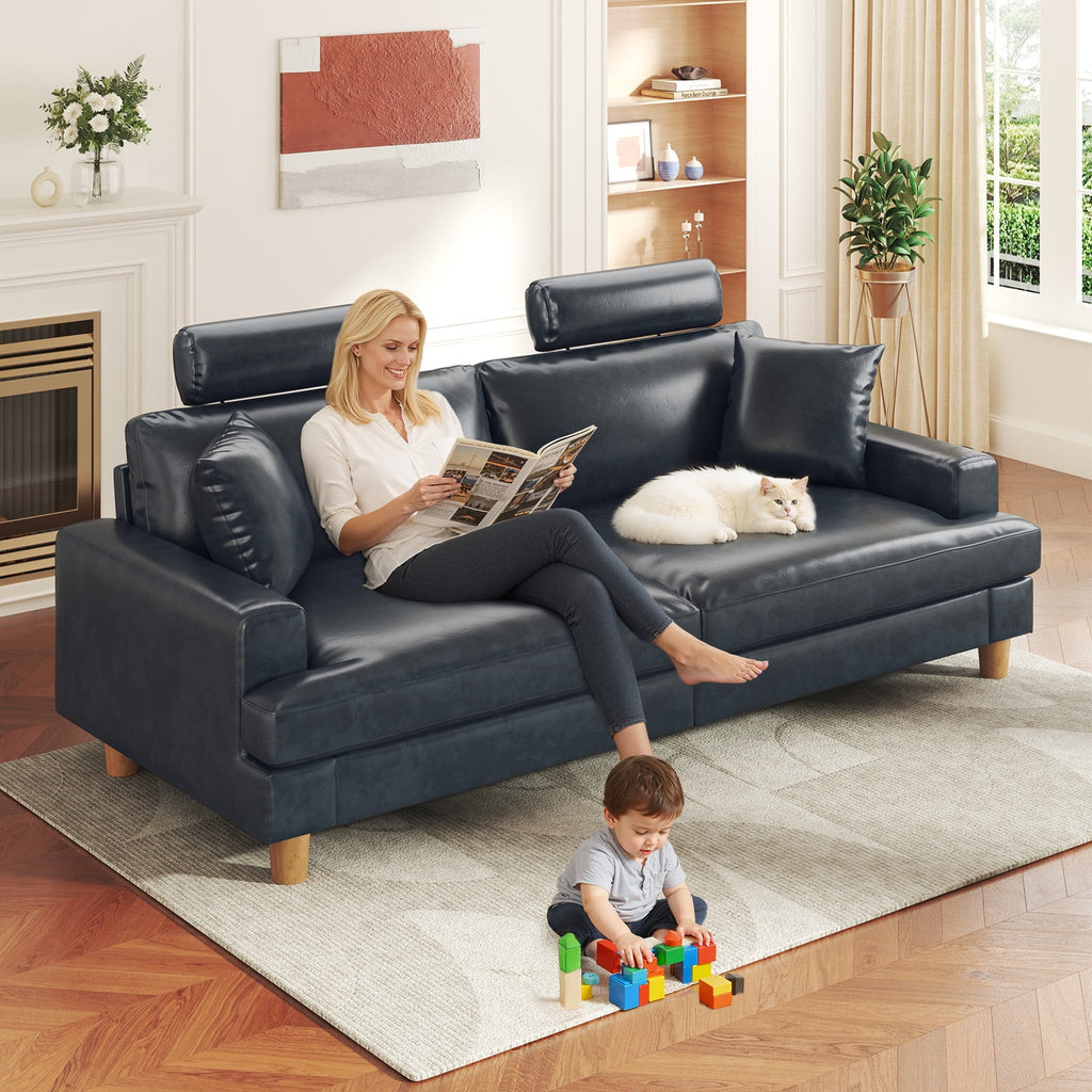 87 Sofa Premium PU Leather Couch with Headrest, Comfy 27 Extra Deep Seat 3 Seater Sofa for Living Room, Includes 2 Pillows, Black